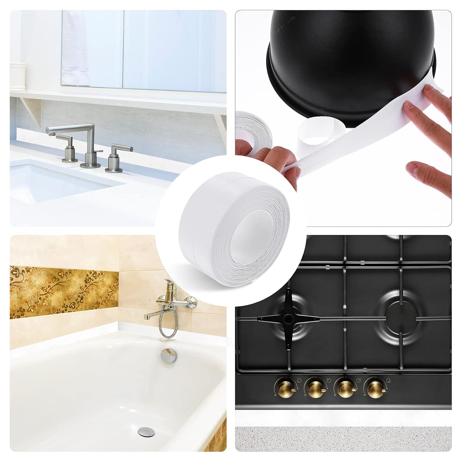 Ruban d'étanchéité imperméable (blanc, 3,8 cm x 3,2 m) en PVC pour cuisine, salle de bain et baignoire. Ruban adhésif décoratif pour joints d'évier, - 4