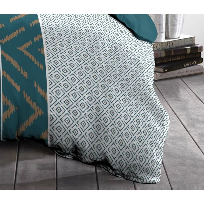 Parure de couette Microfibre ETHNO 220x240cm et 2 taies doreillers 63x63cm Bleu Canard - 6