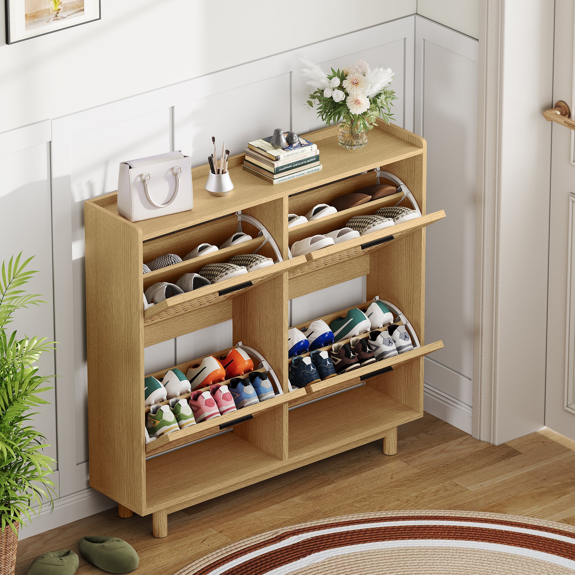 Meuble à Chaussures Rotin avec 4 Battants, Armoire à chaussures avec Étagères Réglables Meuble de Rangement à Chaussures pour Entrée et Couloir, Chêne - 3