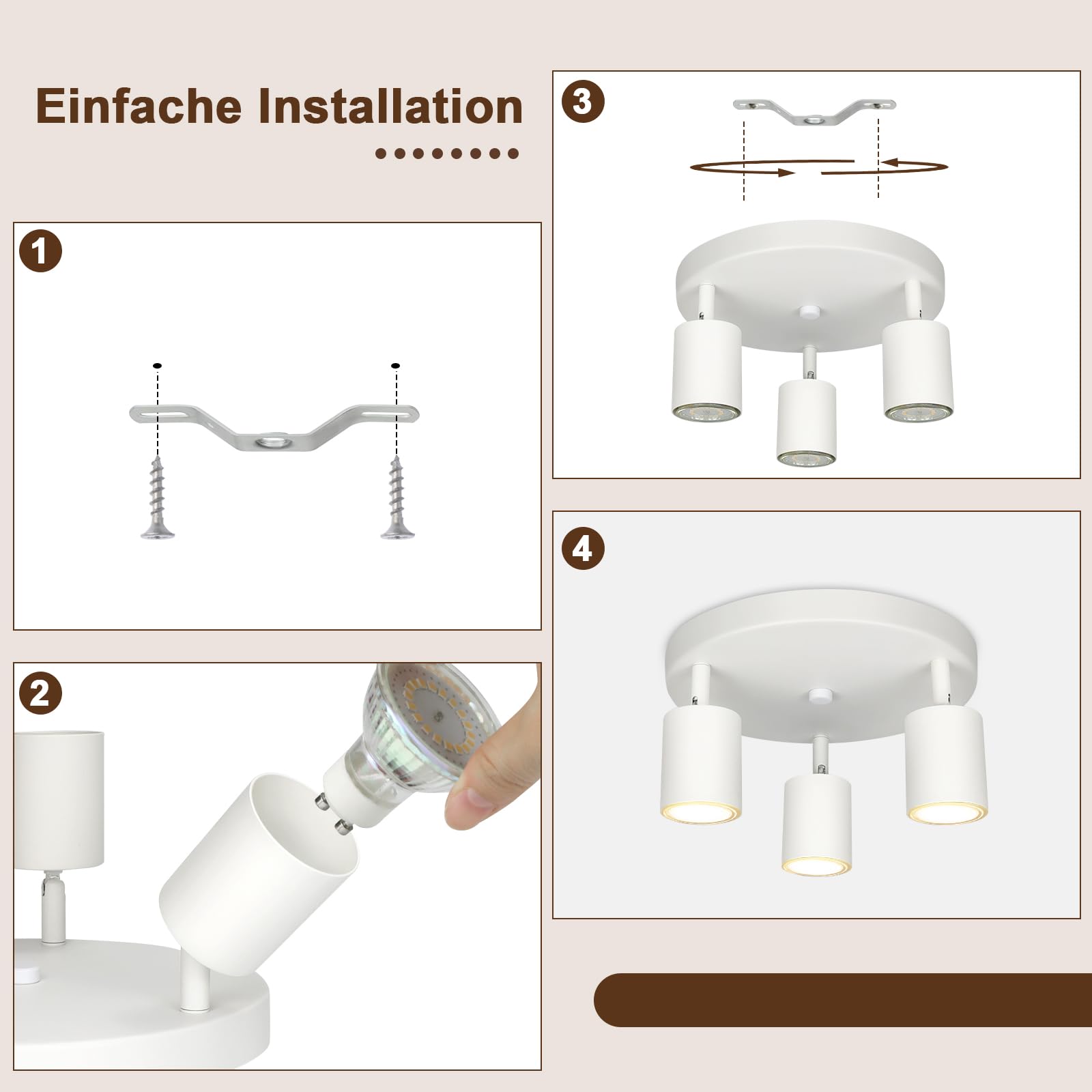 NETTLIFE 3 Spots de plafond couloir salon blanc rond GU10 en métal orientables design pour chambre cuisine - 6