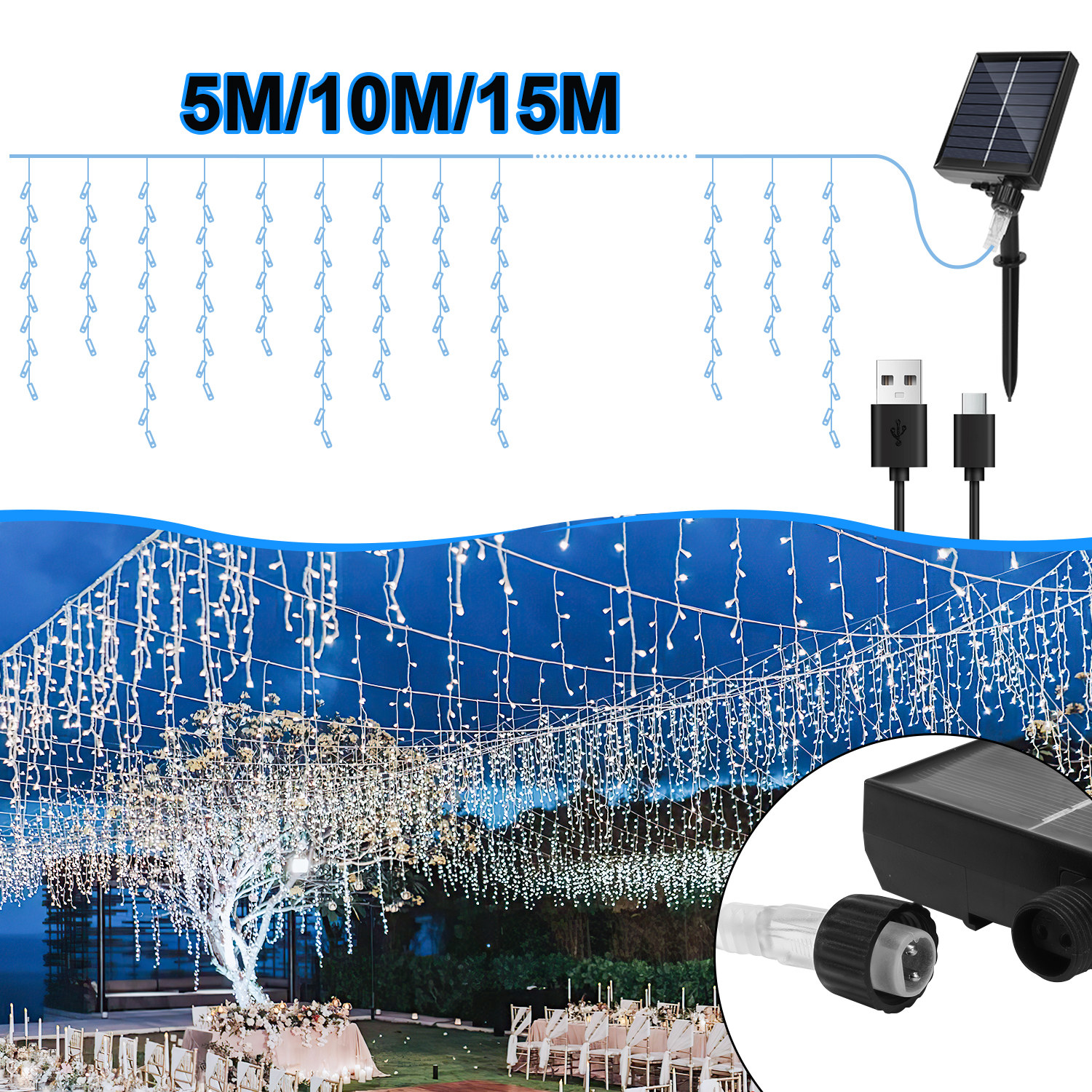 Quntis Cortina De Luces 400LED 10M, Luces Navidad Con Enchufe, Temporizador, 8 Modos Impermeable Cascada Luces Para Exterior Interior Jardín Balcon Fiesta, Blanco Cálido