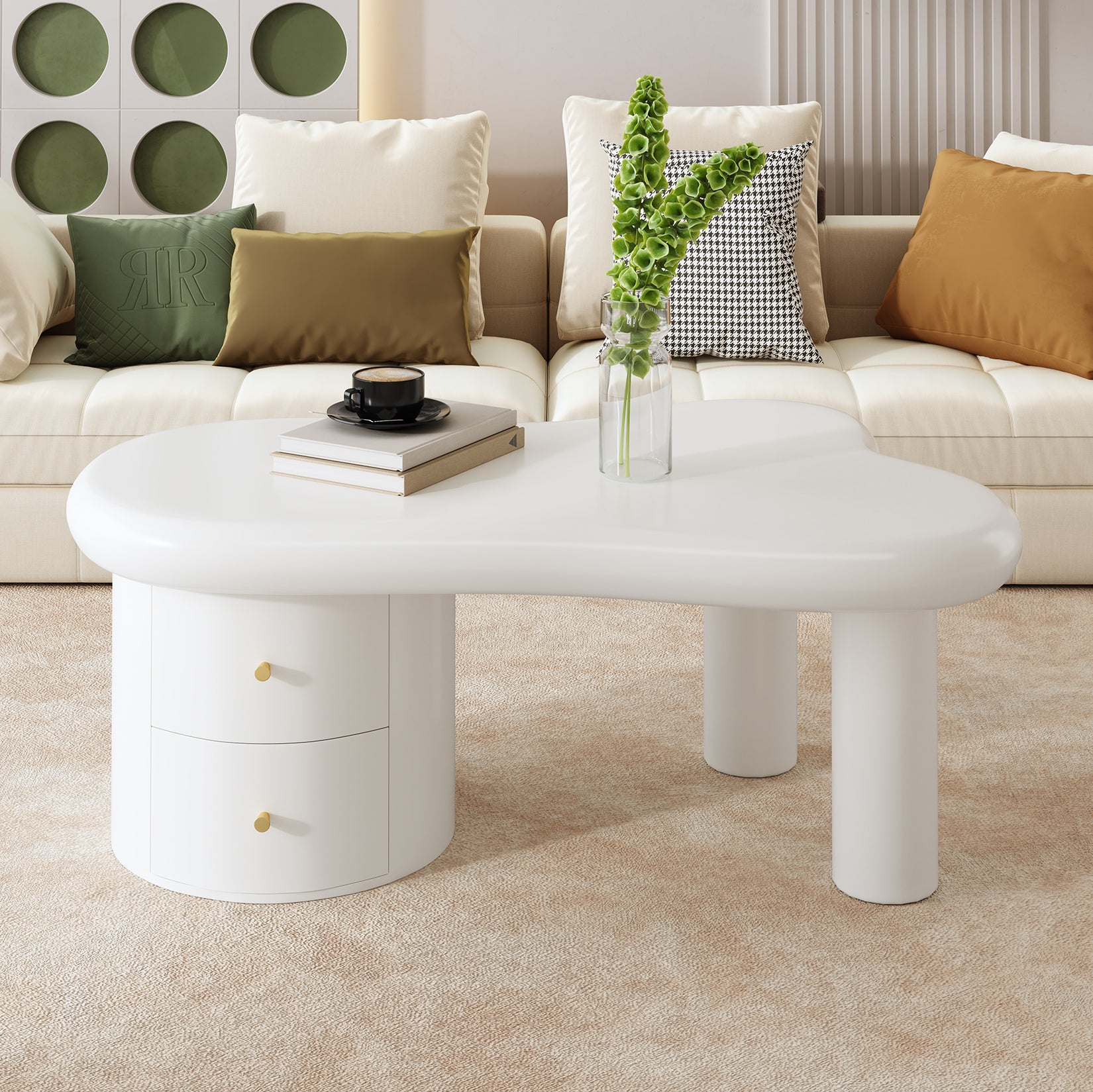 Table basse blanche moderne de forme irrégulière, 2 tiroirs, élégante, stable, pour le salon et usage polyvalent - 5
