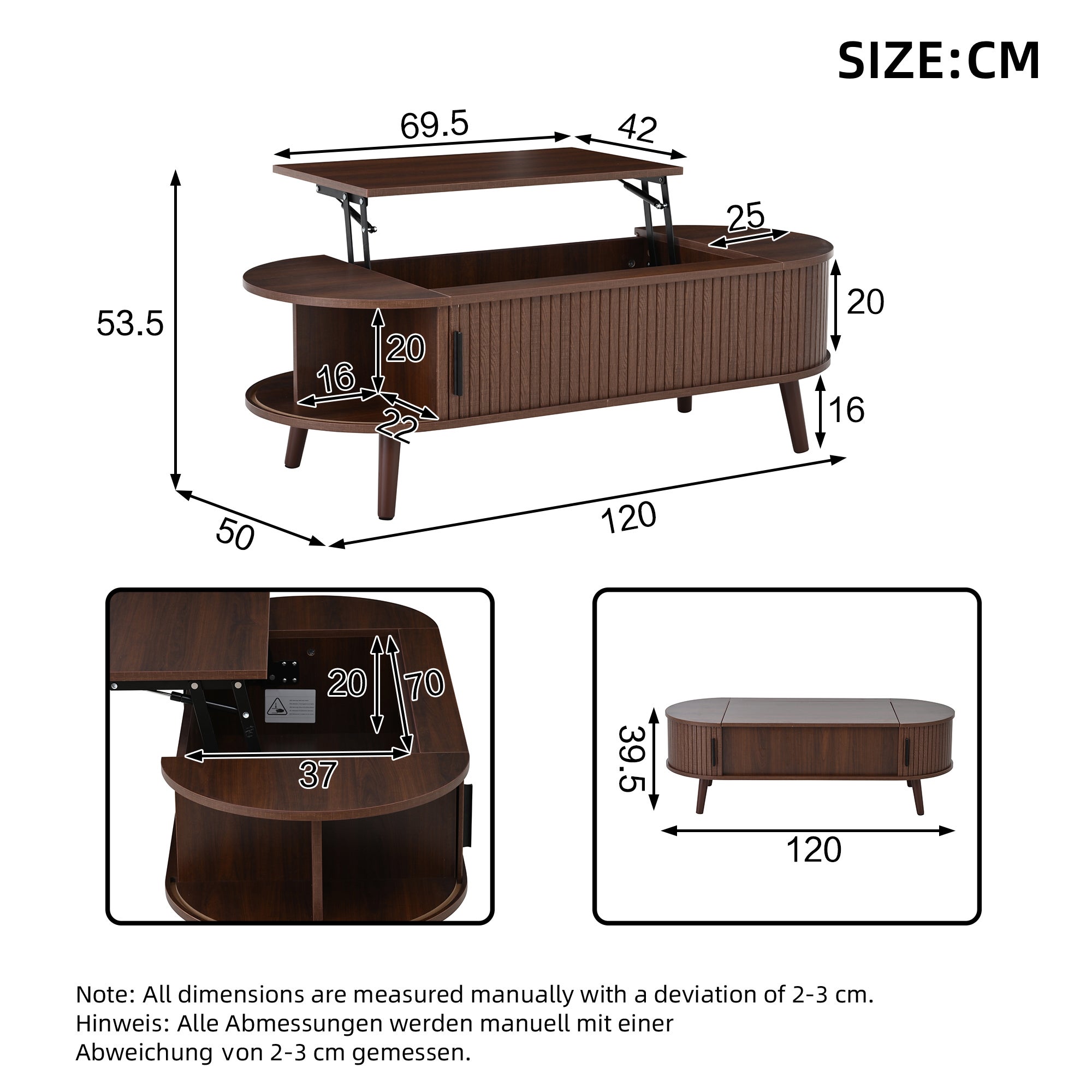 Table basse relevable 120x50x39.5 cm - 2 portes - Rangements cachés - Pieds en bois massif - Marron - 5