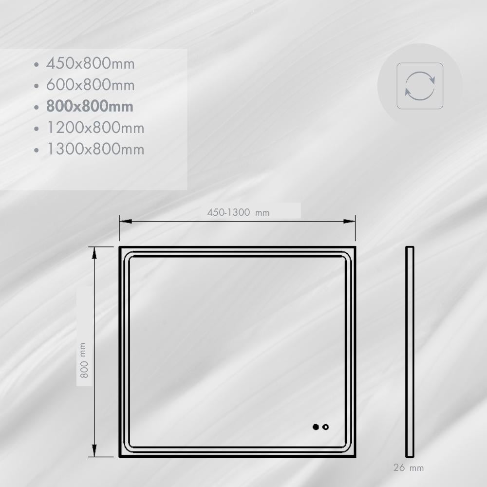 Specchio LED da Bagno Rettangolare - Sensore di Accensione/Spegnimento e Antiappannamento - Luce Bianca Fredda (5700K) - 80x80cm | Modello MIA AV - 5