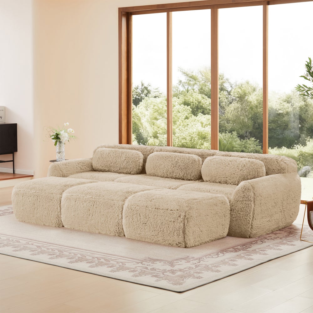 Sofa modułowa, pluszowa, z funkcją spania, z 3 pufami, 3-osobowa, jasny khaki