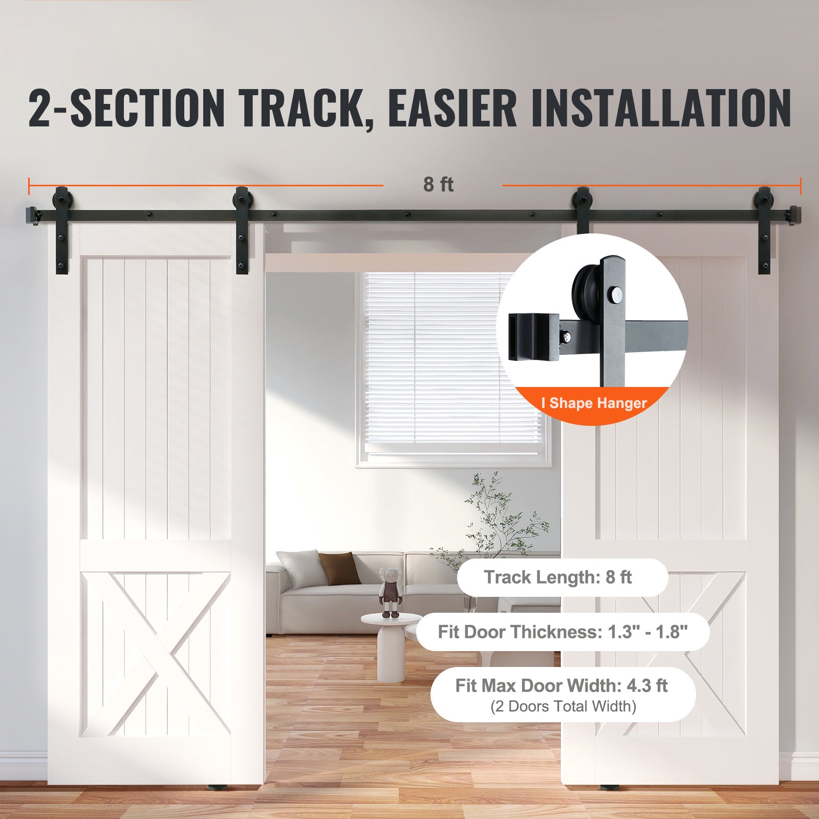 Kit quincaillerie pour porte grange coulissante SucceBuy 8 pieds | Rail robuste 330 lb pour portes doubles | Convient aux panneaux de 3,7 à 4,3 pieds - 4