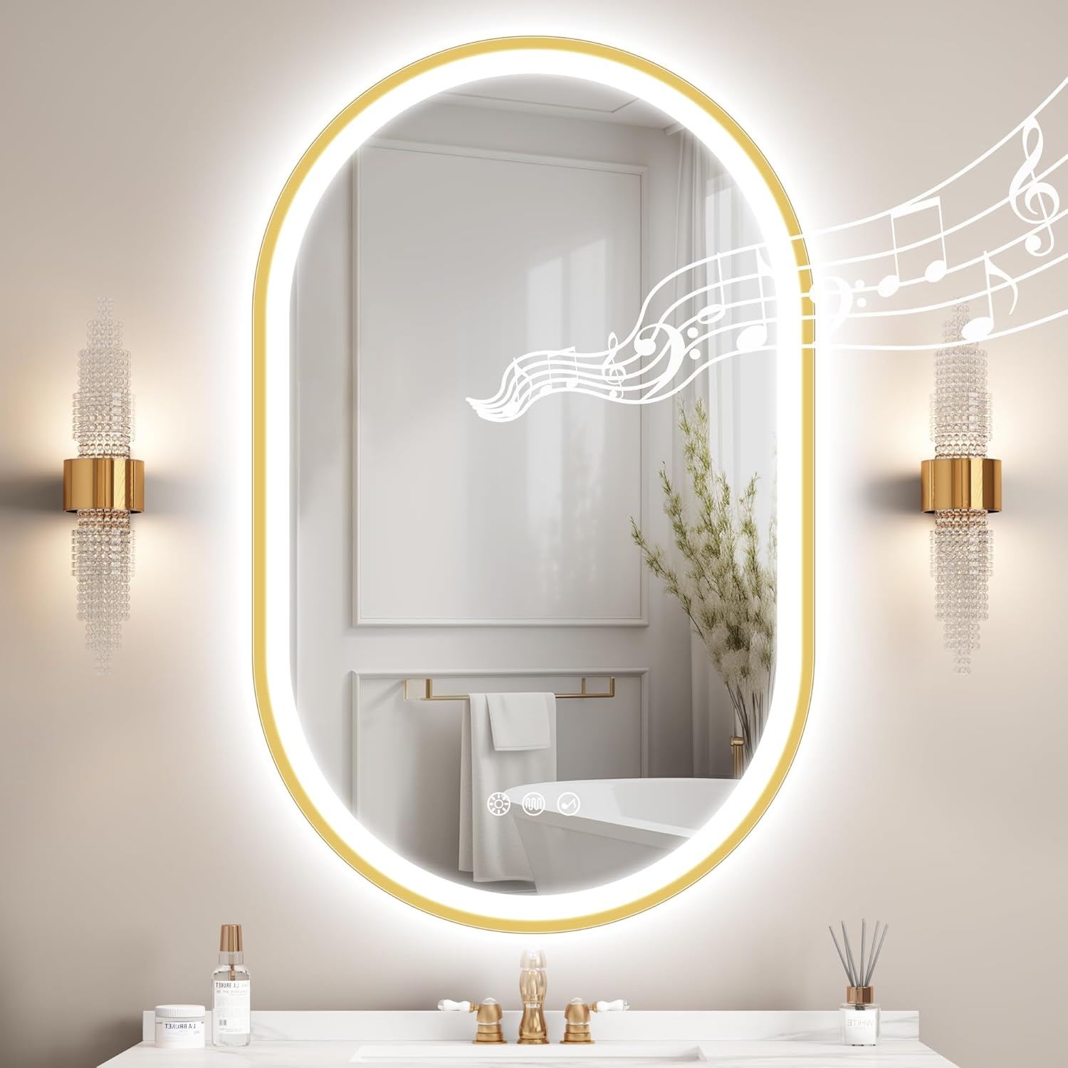 S'bagno Irrégulier Miroir Salle De Bain Avec Eclairage 60x90cm, Bluetooth Miroir Salle De Bain LED, Anti-buée, 3000K-6500K, Dimmable, Mémoire, IP44 Miroir Lumineux Salle De Bain, Horizontal/Vertical - 5