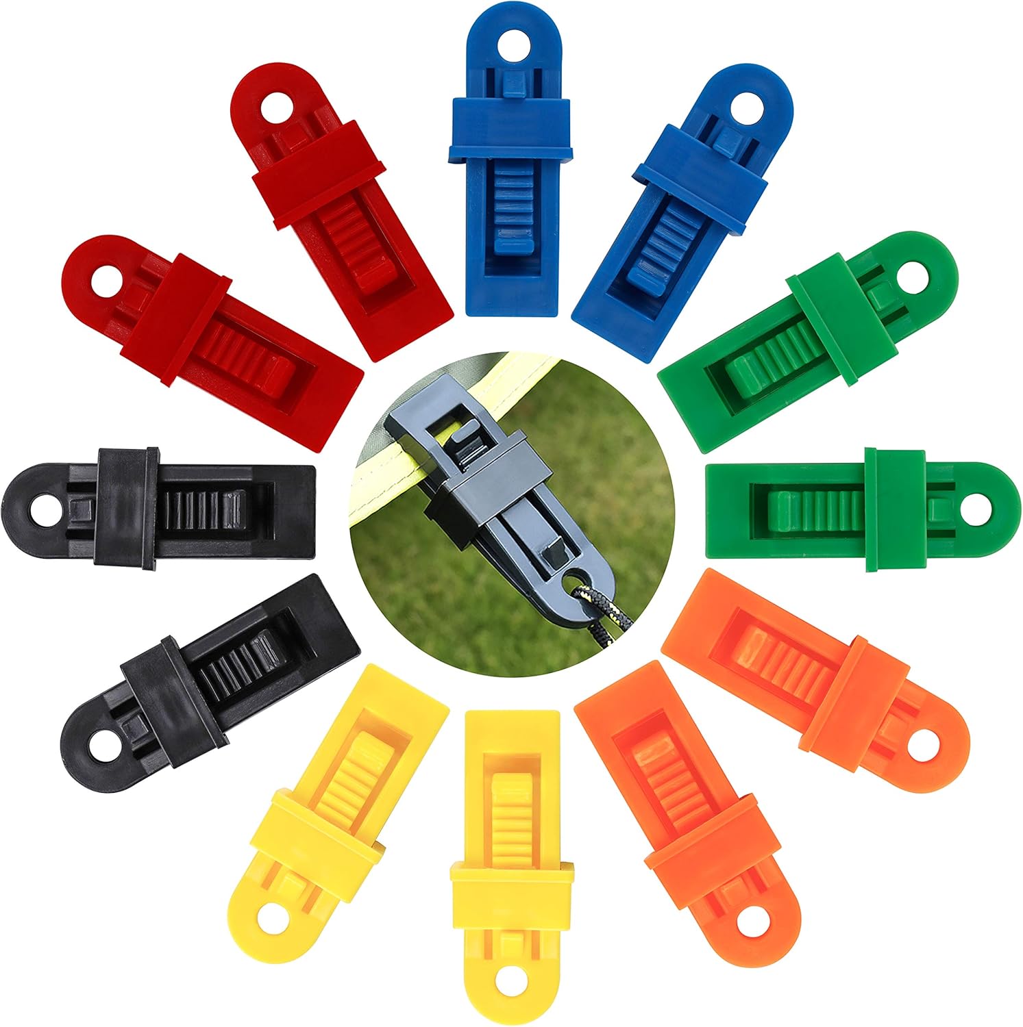 Wielofunkcyjne klipsy do namiotów, plastikowe zaciski do namiotów, klipsy do plandek na kemping, aktywności i wędrówki, 12 sztuk (wielokolorowe)