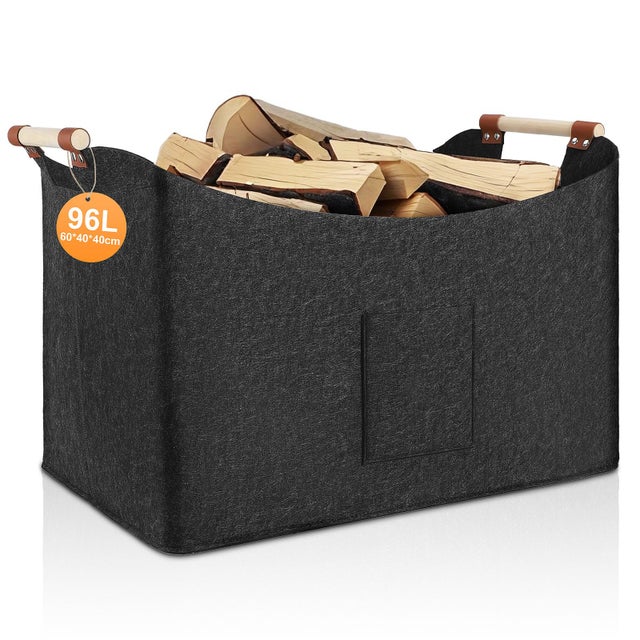 Panier à bois de chauffage pliable 96L, sac en feutre, 60 x 40 x 40 cm, panier à bûches avec poignées de transport, panier en feutre