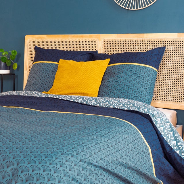 Parure de lit 240x220 cm collection JADE pur coton bleu 3 pièces