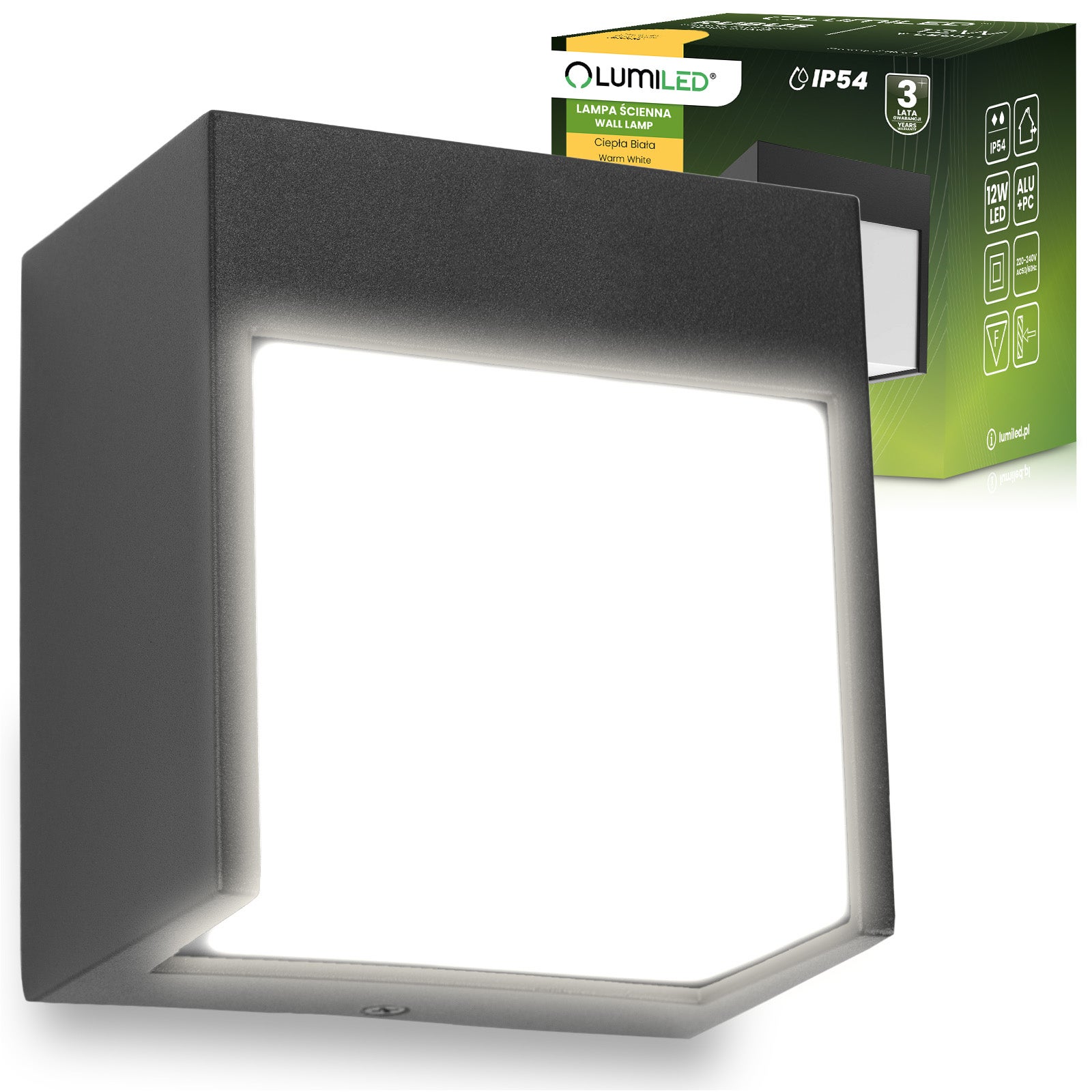 Lampa Ogrodowa Lumiled Ścienna LED Kinkiet Elewacyjny Zewnętrzny IP54 12W 3000K Ciepła biel 1 szt.