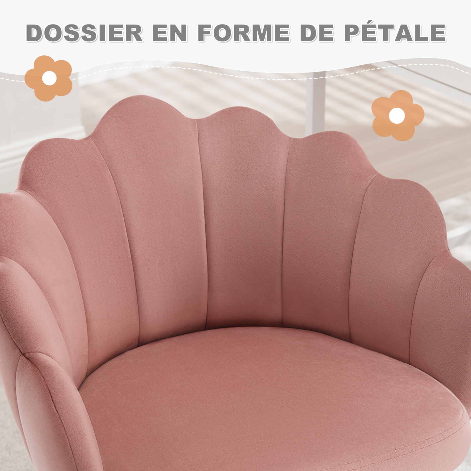 Chaise Bureau en Velours + Métal，Chaise Coiffeuse，Fauteuil Coquillage，Chaise de Bureau ，Hauteur Réglable，Rose, WOLTU - 6