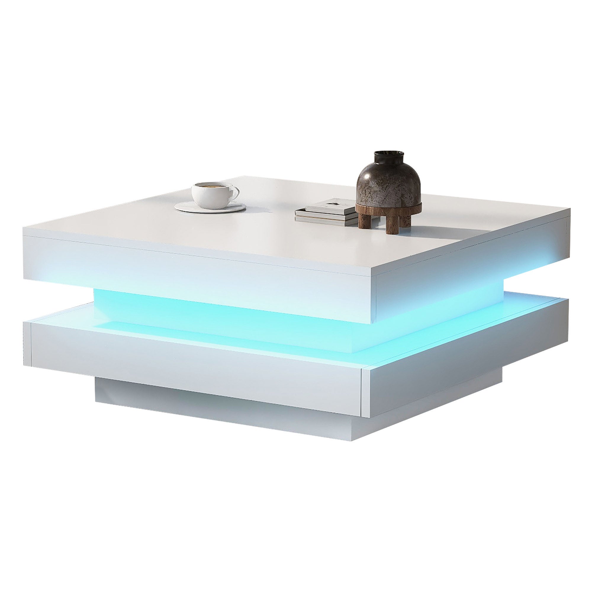 Stolik kawowy kwadratowy z obrotowym blatem - 70 x 70 x 36 cm - Diody LED - Płyta wiórowa - Biały - 5