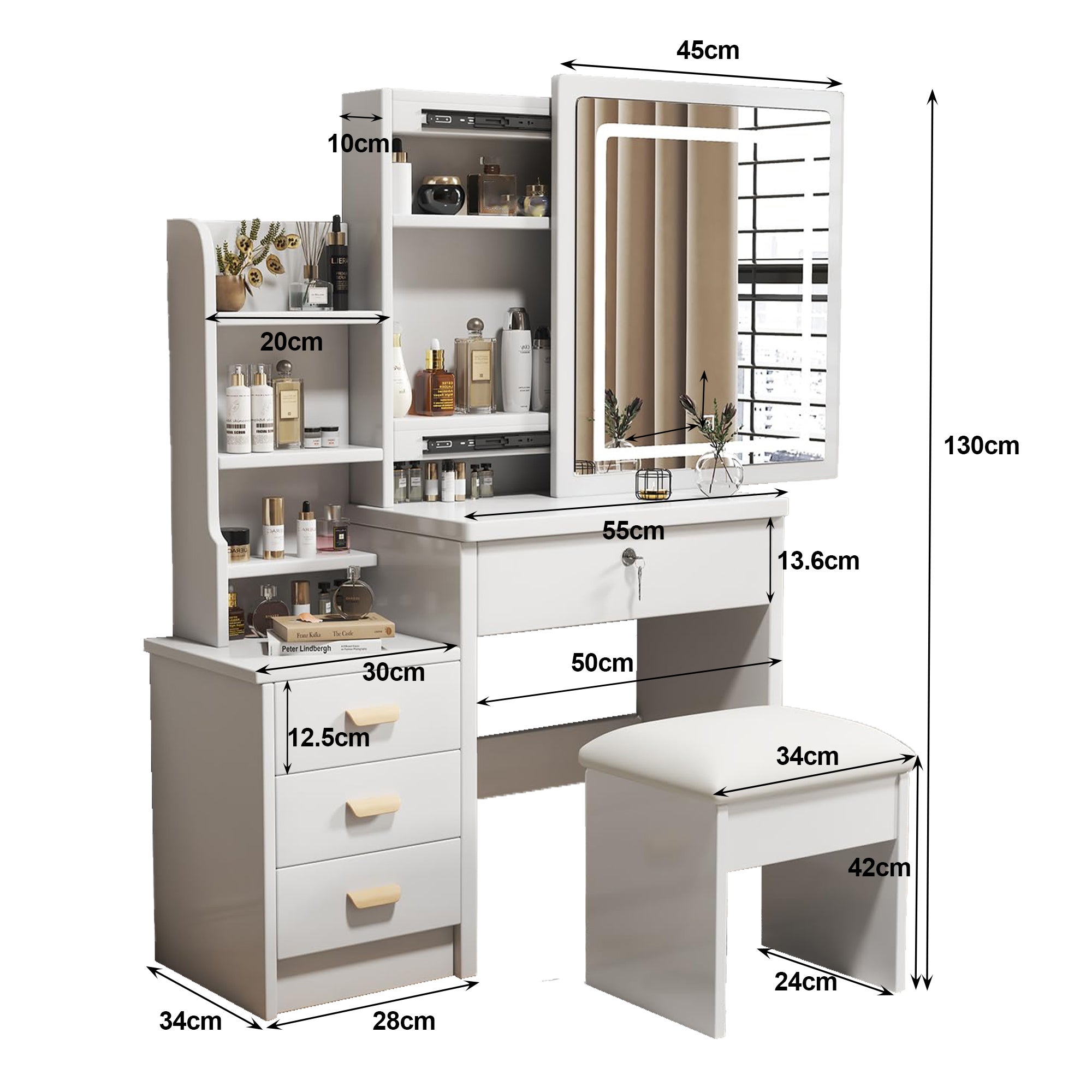 Coiffeuse avec miroir LED en MDF Blanc H. 130 x l. 85 x P. 36 cm - 3