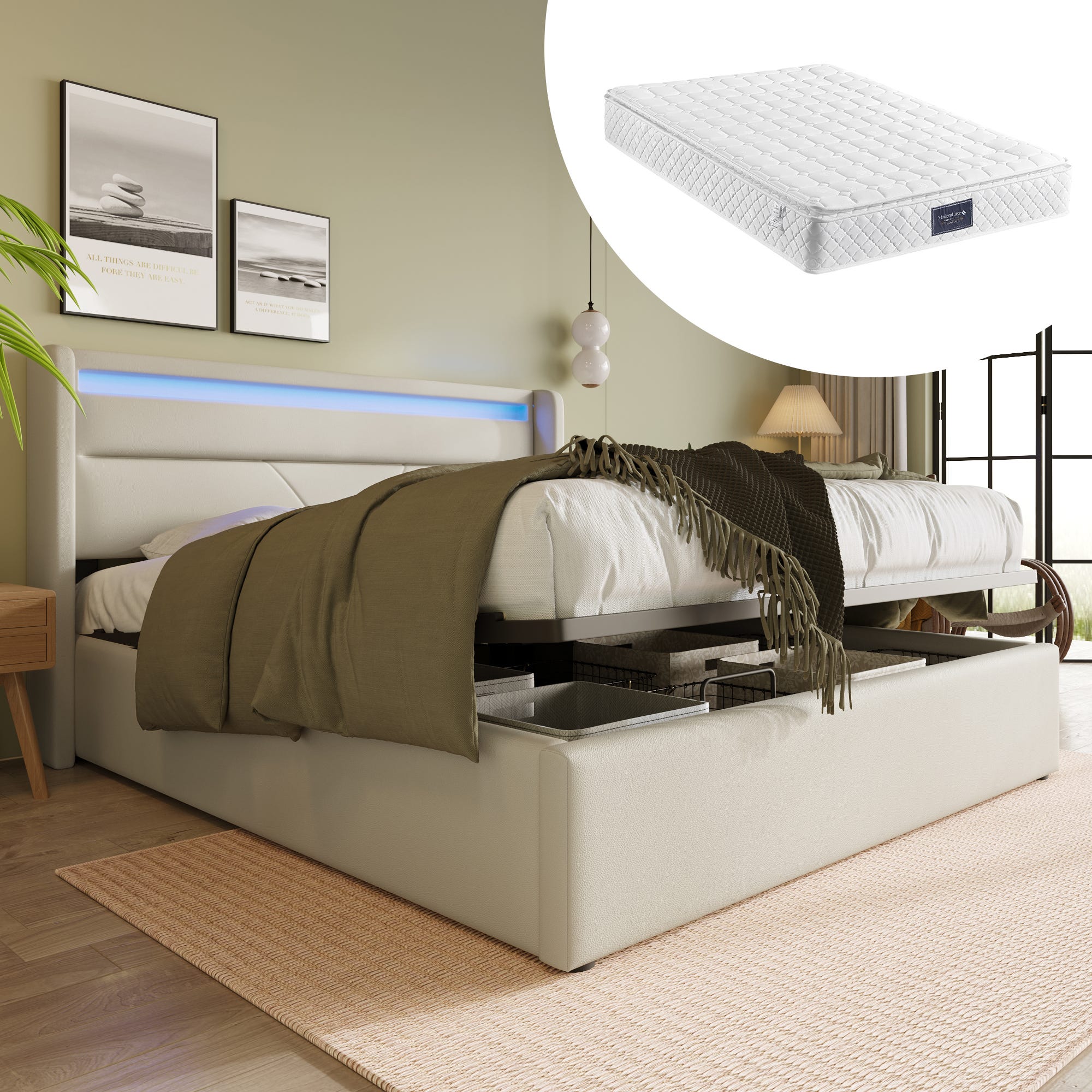 Letto matrimoniale imbottito 180x200 con testata a Led e caricatore USB C + 4 cassetti, beige (senza materasso) | Leroy Merlin Letto matrimoniale imbottito 180x200 con testata a Led e caricatore USB C + 4 cassetti, beige (senza materasso) | Leroy Merlin