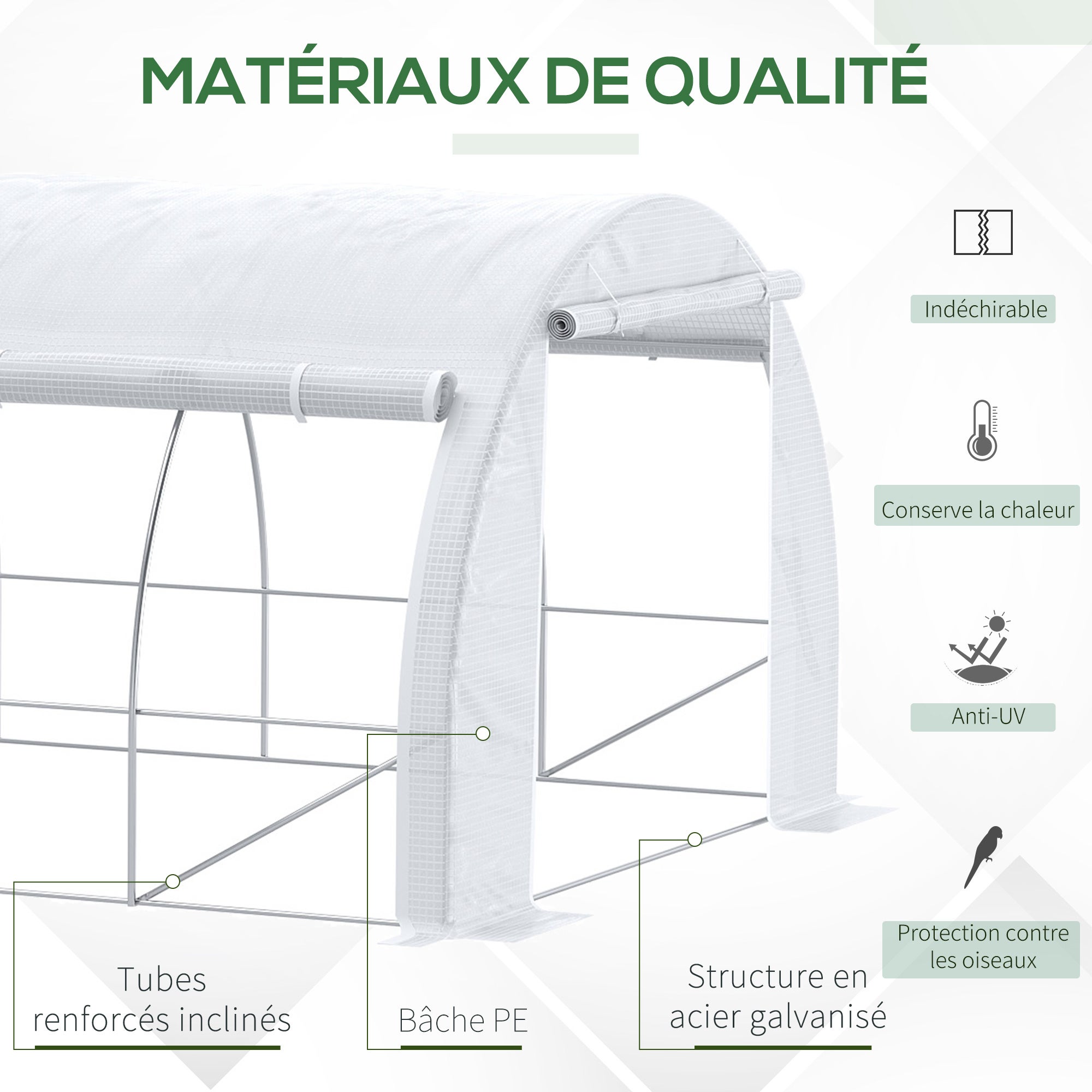 Serre de jardin 18m² 6x3x2m, portes et parois zippées, 12 fenêtres, PE 140g/m² anti-UV, acier, blanc, pour potager - 6
