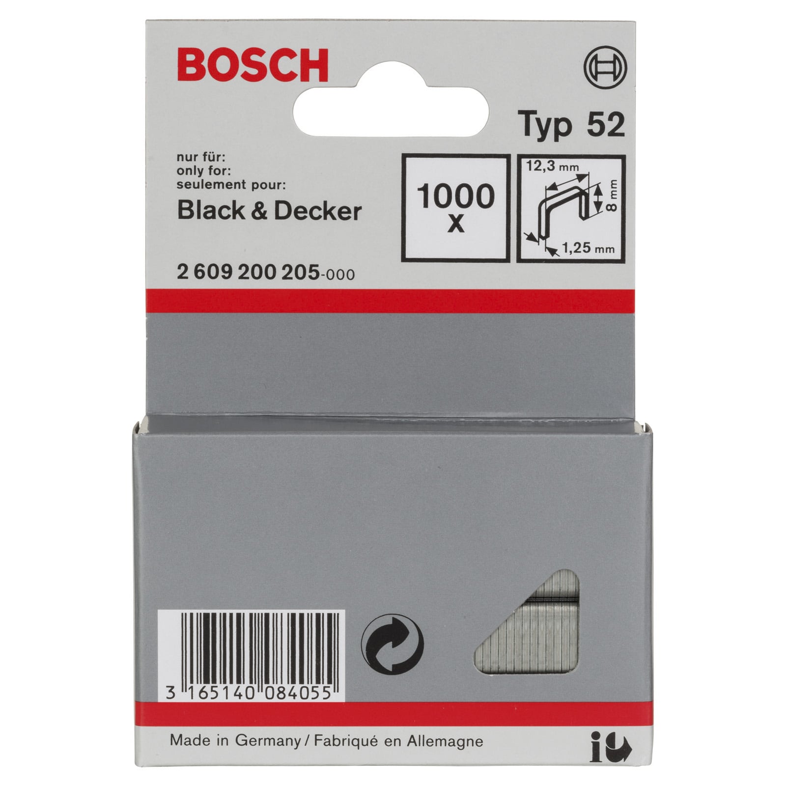 Bosch płaskie zszywki typ 52, 12,3 x 1,25 x 8 mm -2609200205 - 2