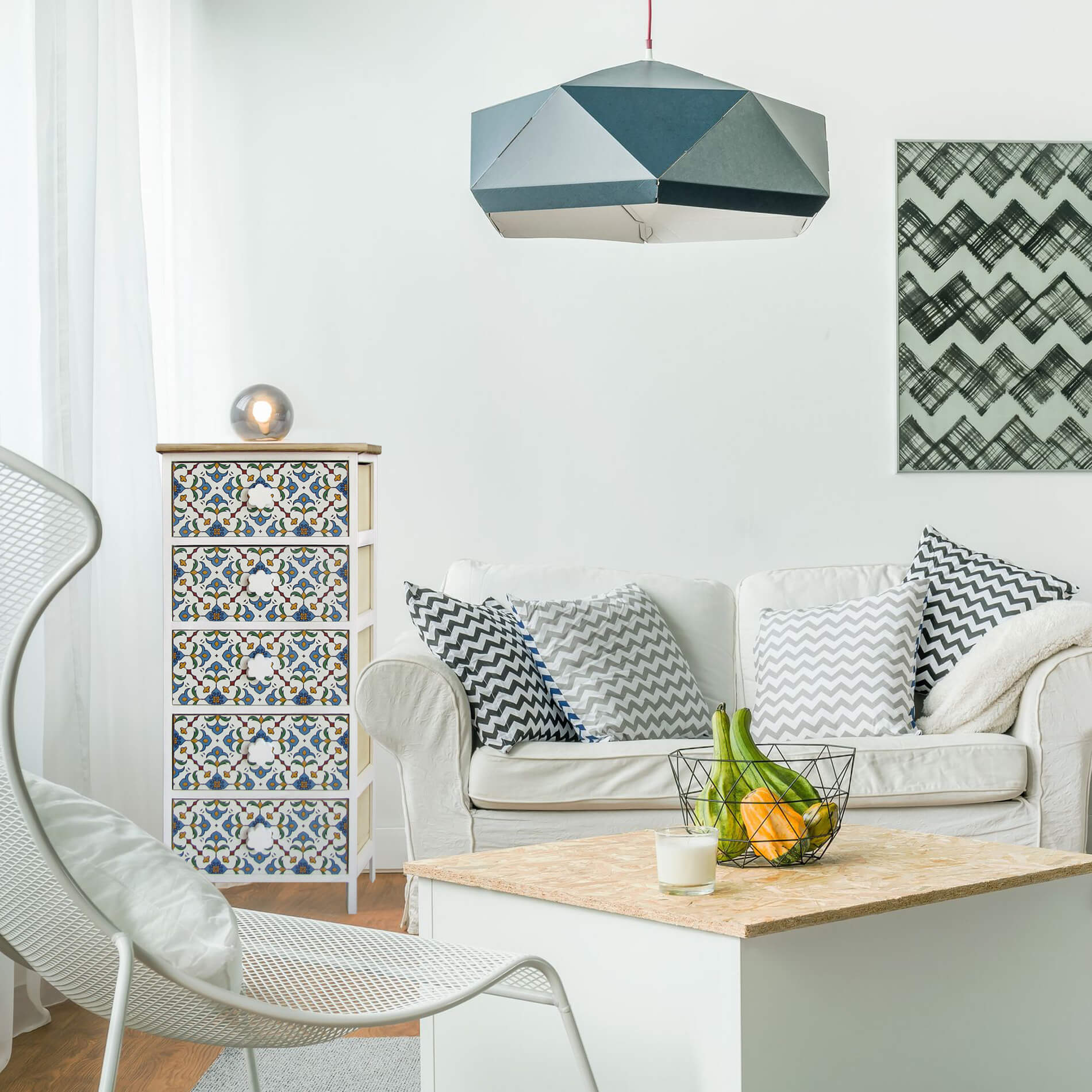 Commode 5 Tiroirs Rebecca Mobili Moderne Bois Clair Blanc Bleu 93x40x30 - 10
