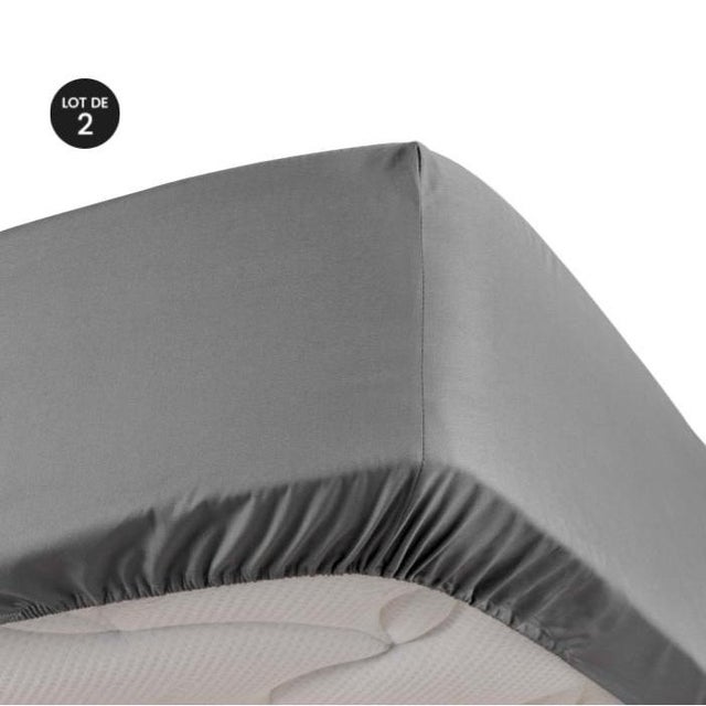 Lot de 2 Draps housse anthracite 140 x 190 cm en percale bonnet 30 cm