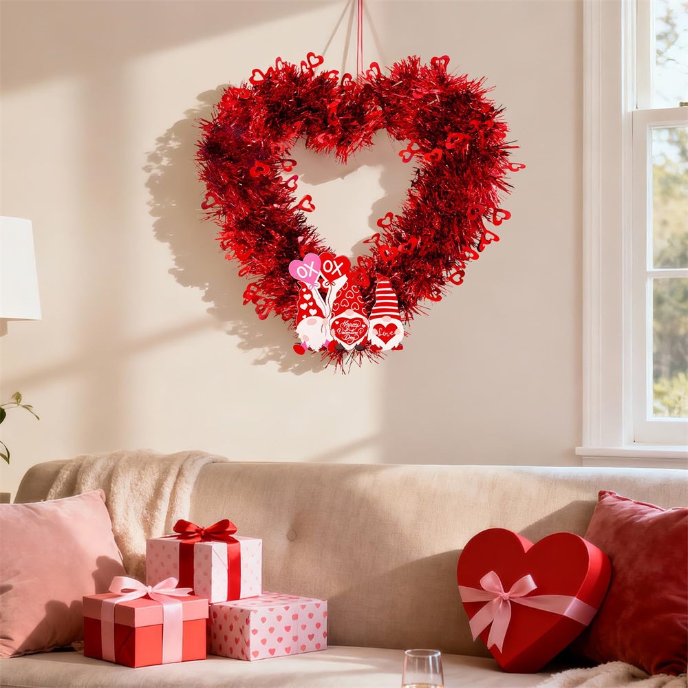 Sggvecsy Ghirlanda Di San Valentino A Cuore Con Luci LED E Bacche Rosse - Decorazione 40 Cm - 6