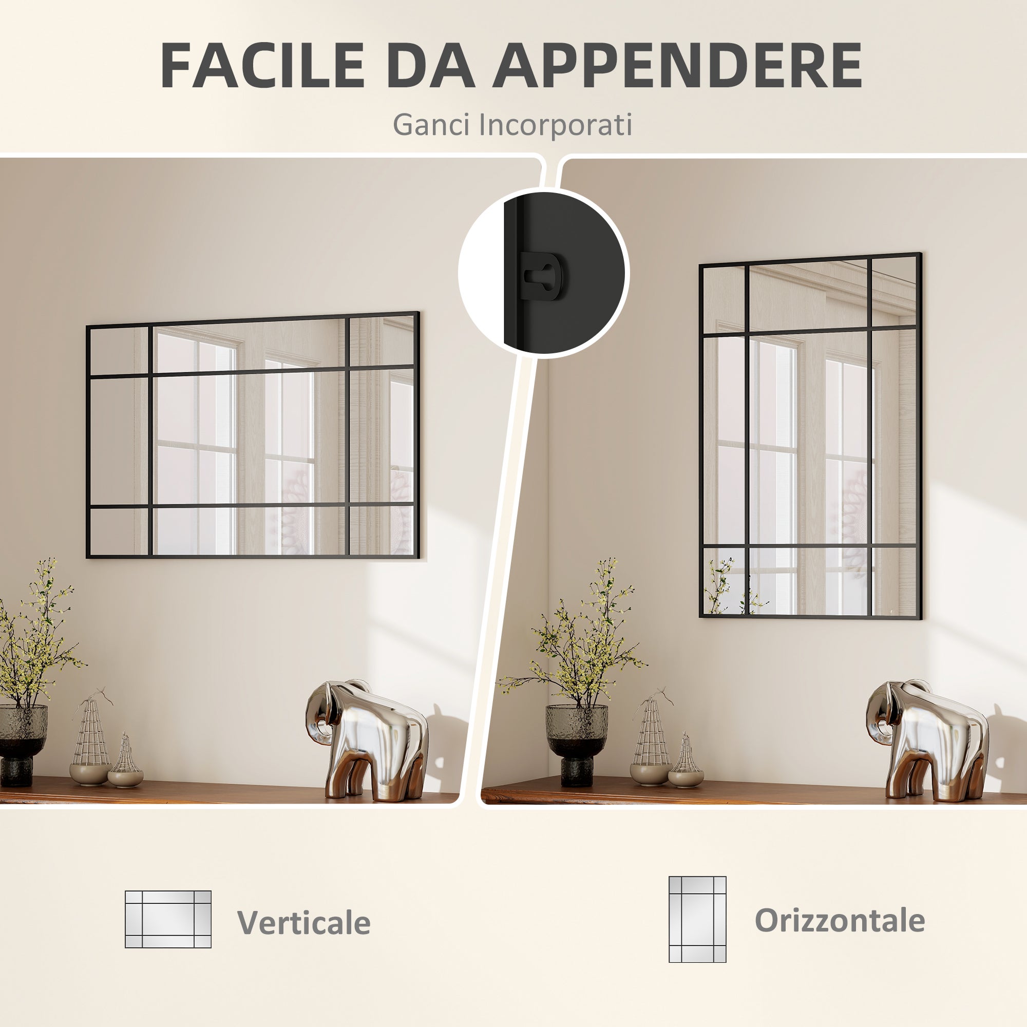 HOMCOM Specchio da Parete Stile Finestra con Montaggio Verticale e Orizzontale, 90x60 cm, Nero - 5