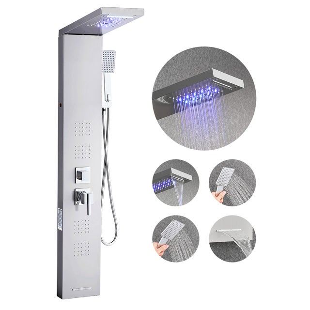 Colonne de Douche VEVOR 1345 mm LED en Acier Inox Brossé, Pommeau Effet Pluie, Panneau Mural, Robinet 5 Fonctions