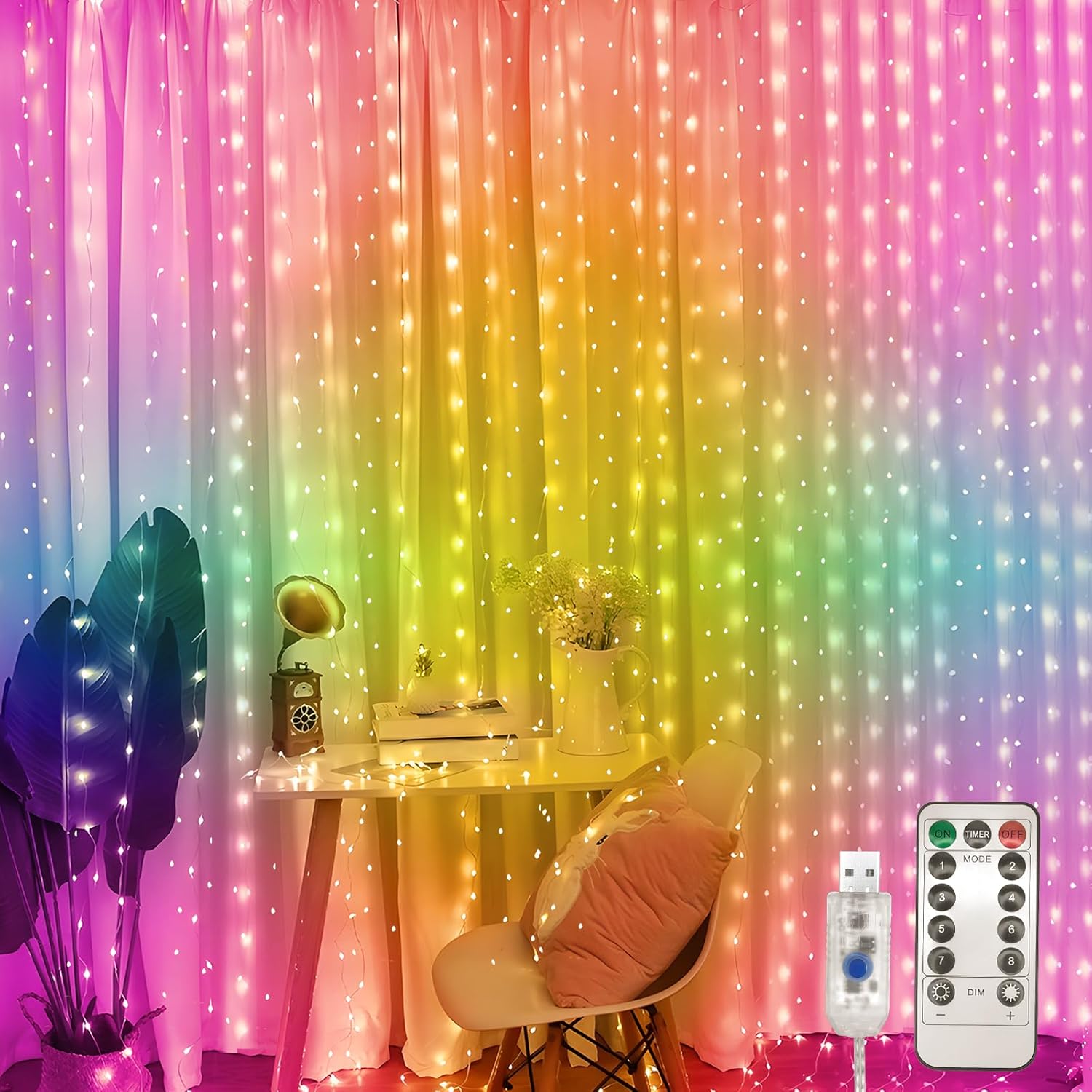 Wodoodporne lampki choinkowe, 100 diod LED, 8 trybów, z pilotem, na Boże Narodzenie, wesele, do dekoracji okna, 3 x 1 m, USB (światło kolorowe)