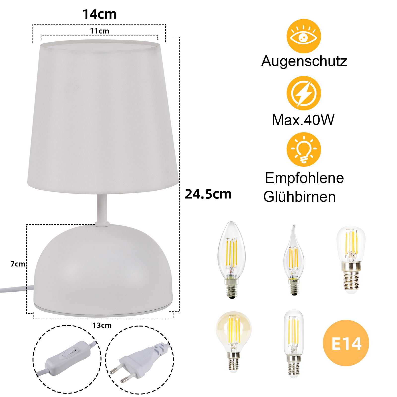 NETTLIFE Lampada da Comodino Set di 2 Lampade da Tavolo con Cavo Lampada da Notte in Tessuto Bianco Design Moderno per Camera da Letto - 2