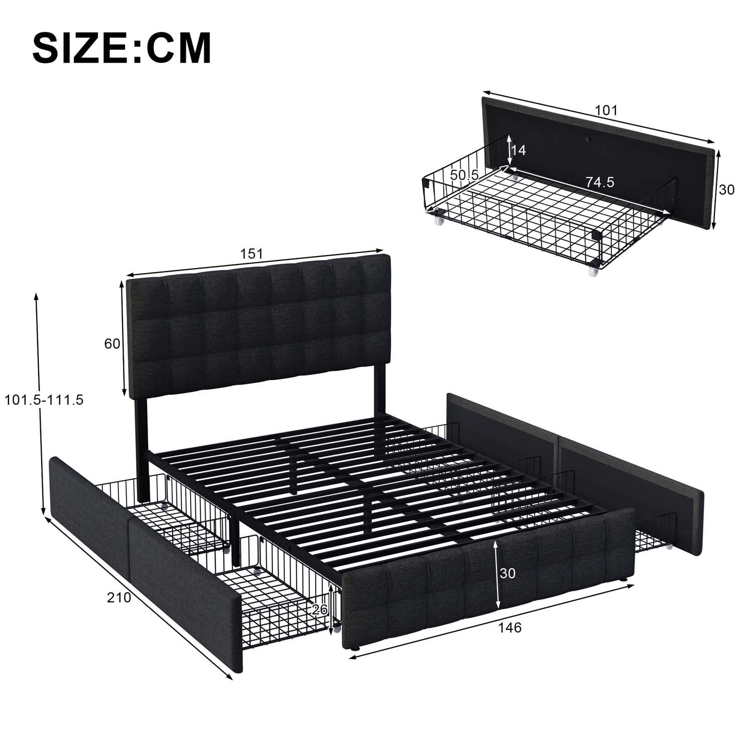 Łóżko tapicerowane lnem z 4 szufladami - regulowane wezgłowie + stelaż metalowy - 140x200cm - Czarne - 5