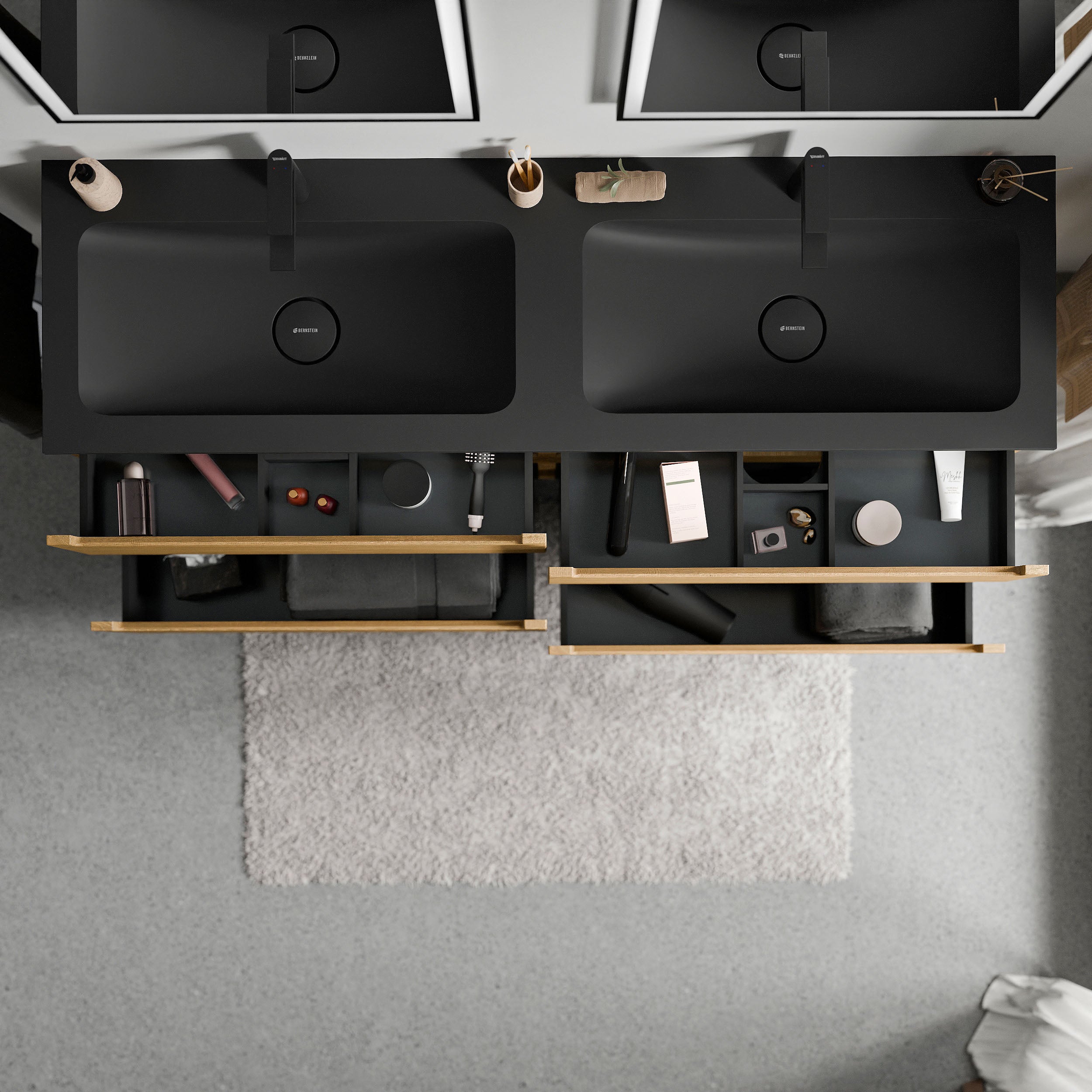 BERNSTEIN - Meuble double vasque suspendu MDF Chêne miel, lavabos fonte Noir mat + trous robinet, tiroirs pivotants - 160x46x62cm - VIREO - 3