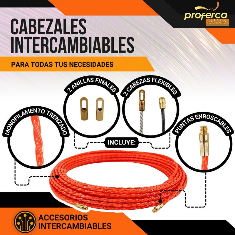 Aiguille Electricien | Guide Passe-câbles Professionnel de 4,5 mm et 20 Mètres en Polyester Tressé avec Embouts Interchangeables - 3
