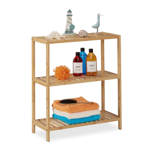 Relaxdays Estantería Baño, Bambú, 3 Baldas, Alturas Regulables, 69x60x26 cm, Lavabo y Cocina, Estante Estrecho, Natural