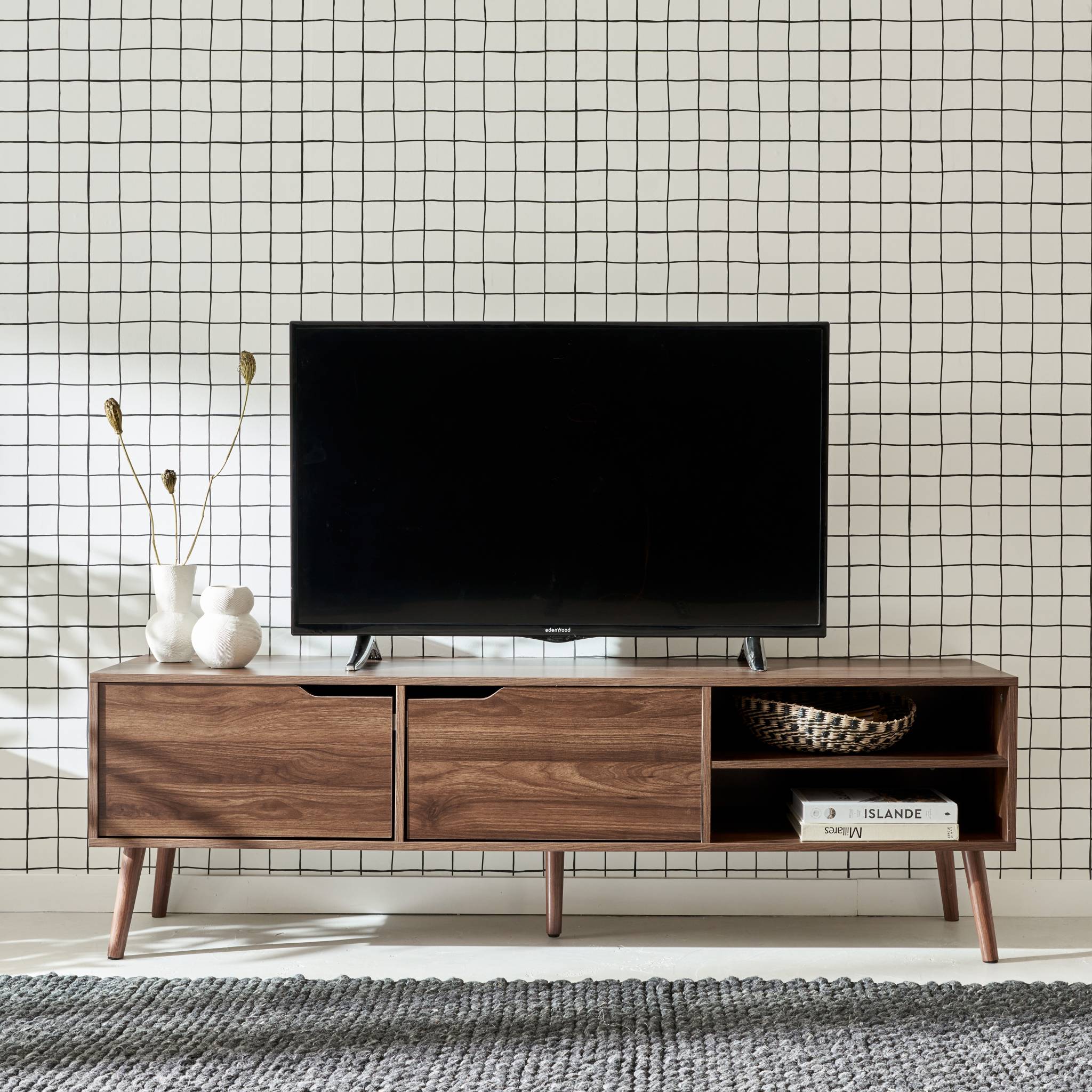 Móvel de TV estilo madeira nogueira de 2 portas, 160cm, Nepal, Decoração em madeira de nogueira, 160x40x50 cm - 2
