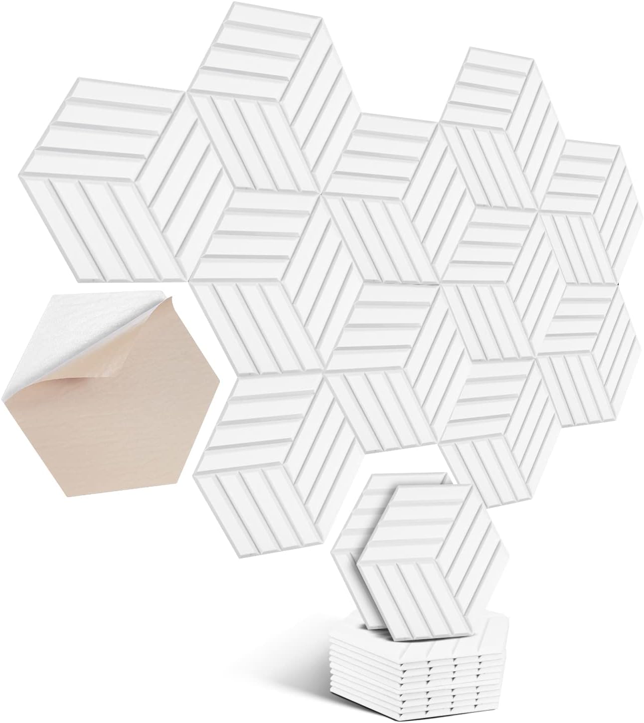 Pachet hexagonal de 12 panouri acustice autoadezive de înaltă densitate pentru pereți, tavane, lemn și uși - rezistente la zgârieturi
