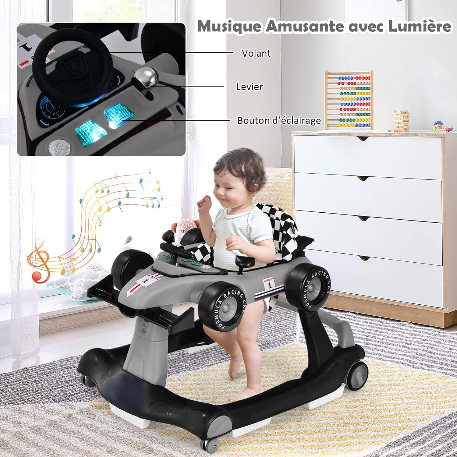 Andadores para Bebé, Andadores para Bebé 4 em 1 com 3 Alturas Ajustáveis, com Música e Luz, Carga 12 kg, para 6 a 18 Meses (Cinza) - 5