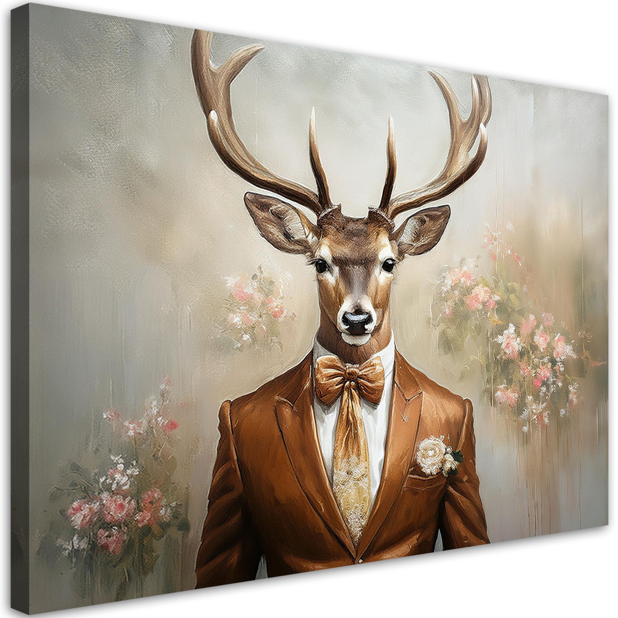 Obraz na płótnie, Jeleń w garniturze Retro Kwiaty 120x80
