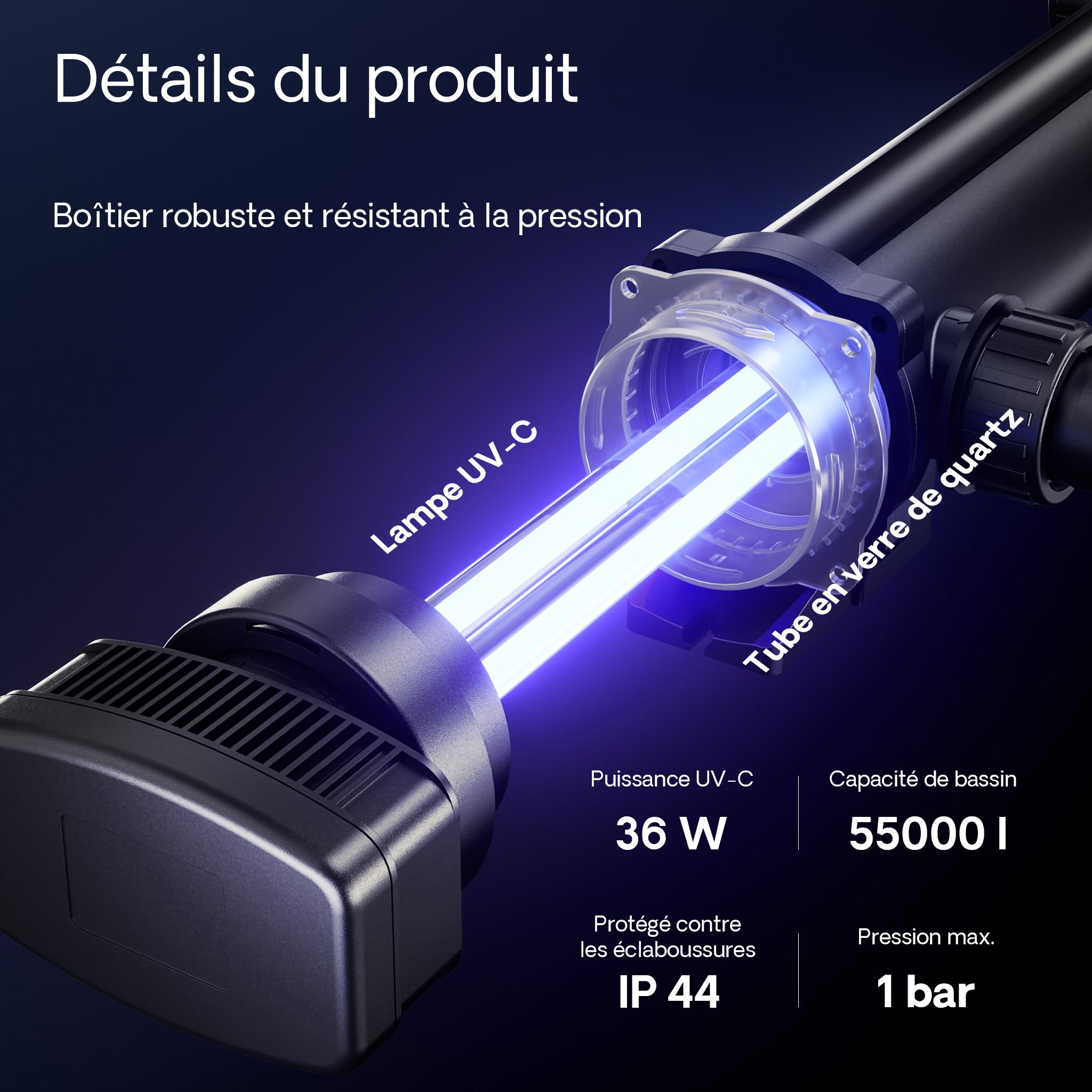 CUV-336 Stérilisateur Clarificateur de bassins ou d’étang - débit max. 7000 l/h - avec Lampe rayons UV-C 36 W + Miroir inox - pour Poissons… SunSun... - 5