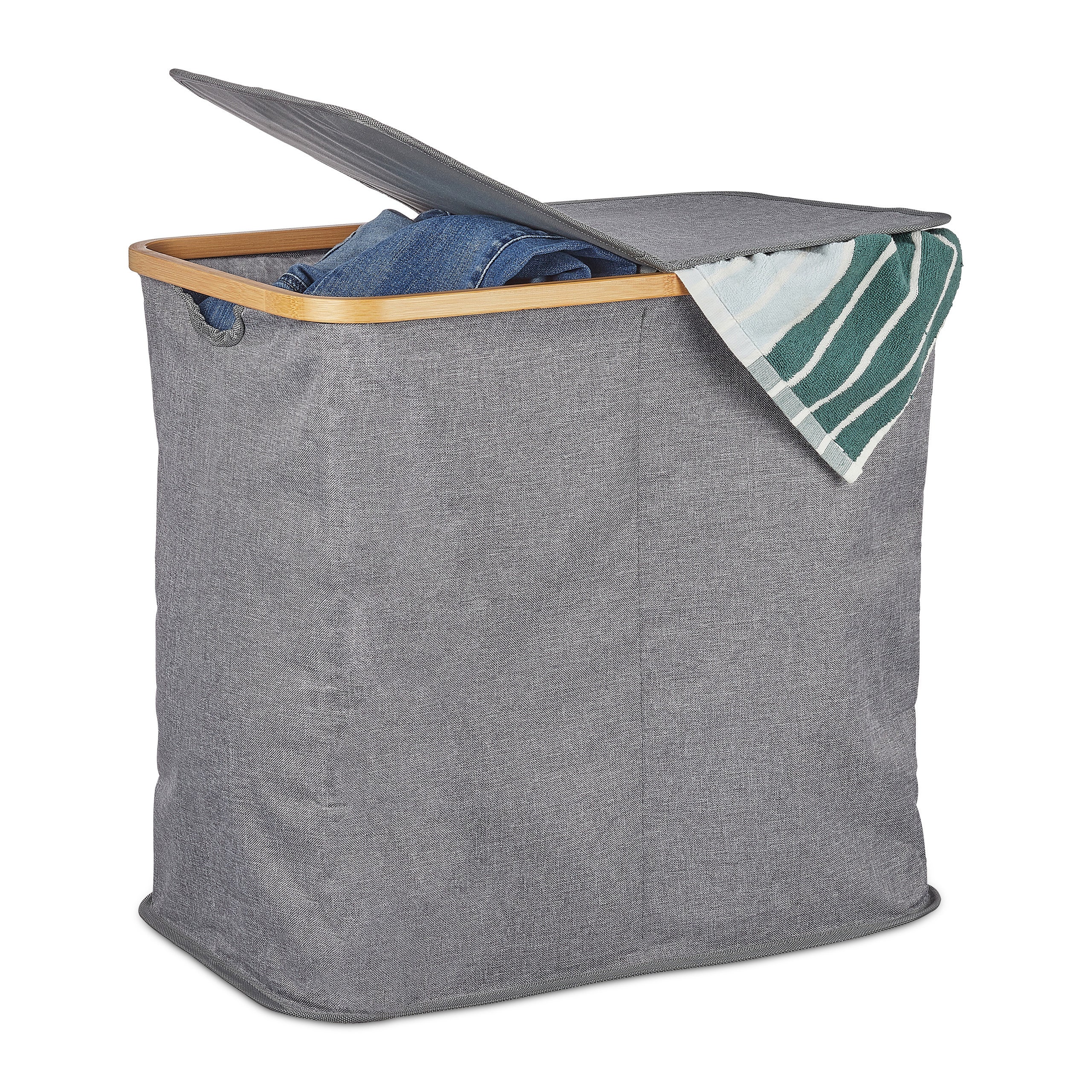 RelaxdaysCestoparalaropasuciacontapa,Plegable,Bambú&Tela,Doscompartimentos,74L,1Ud.,Gris