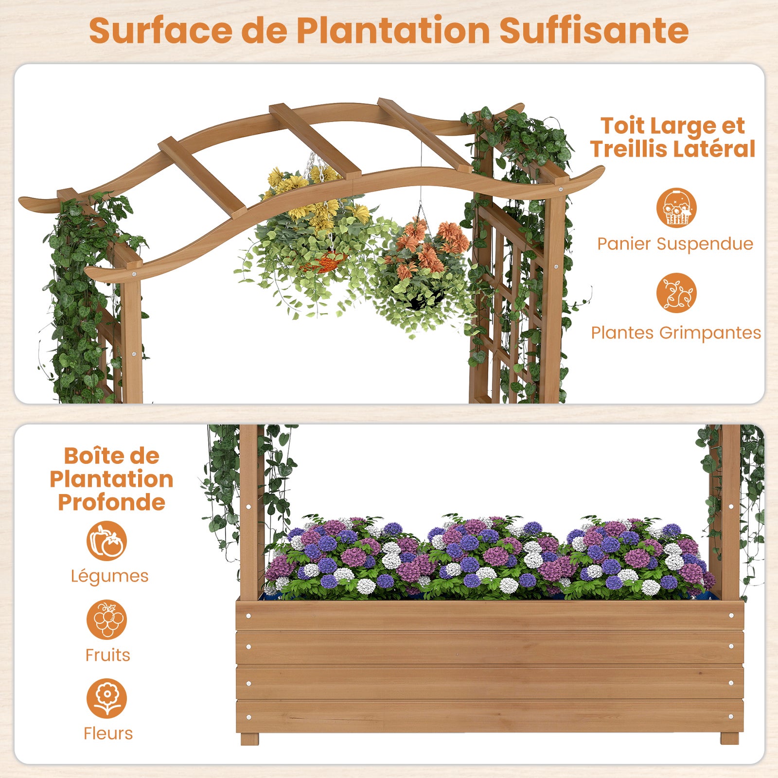 Jardinière avec 2 Treillis Latéraux Toit Suspendu en Bois, Lit de Jardin Surélevé Bac Inférieur pour Fleurs Légumes Plantes Grimpantes, pour Jardin - 3