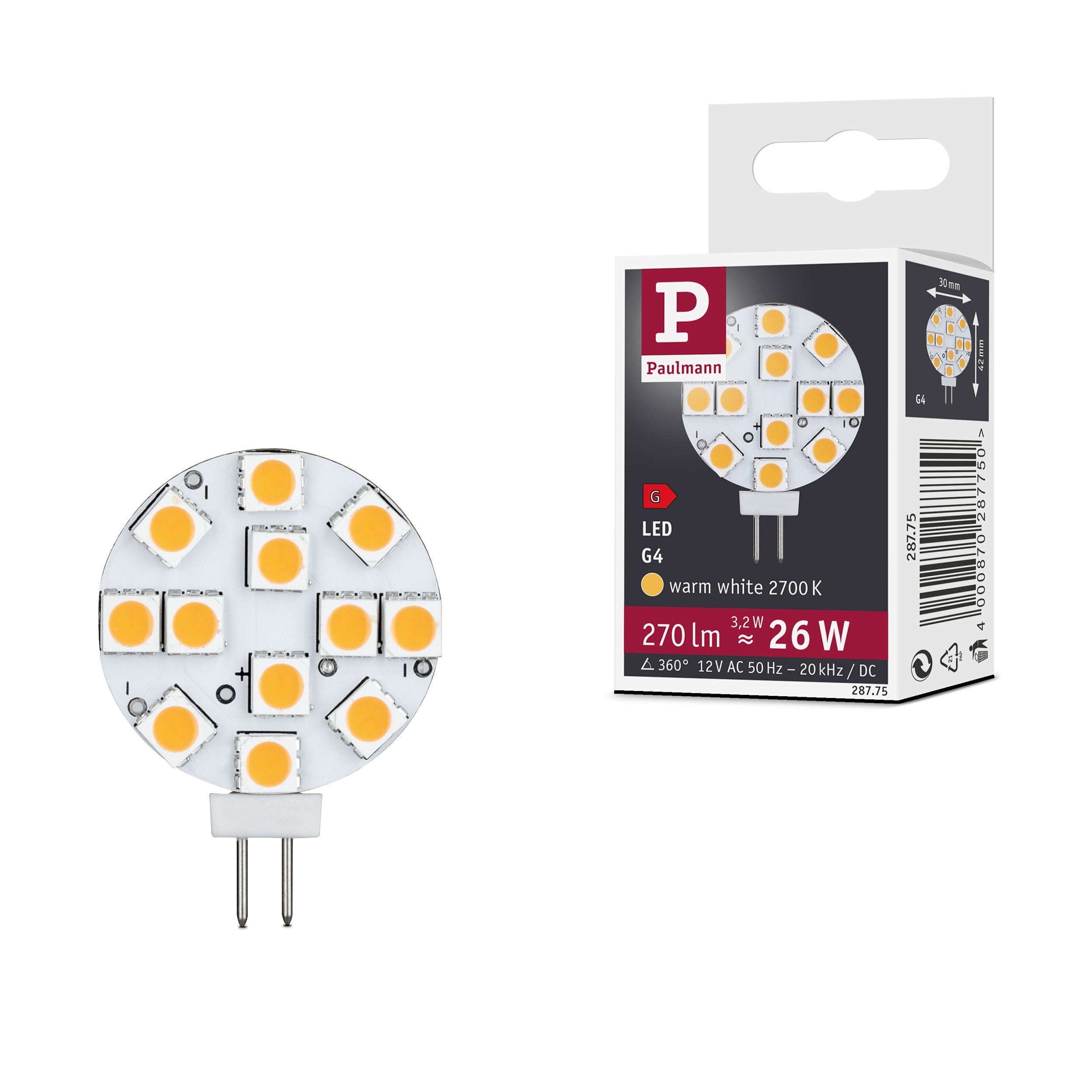 Standard 12 V Culot à ergots LED G4 270lm 3,2W 2700K Blanc