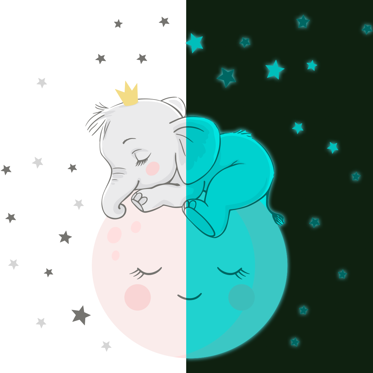 Adesivos fosforescente bambino elefantino sulla luna e 30 stelle - Sticker adesivo - adesivi murali - 125x90cm - 2