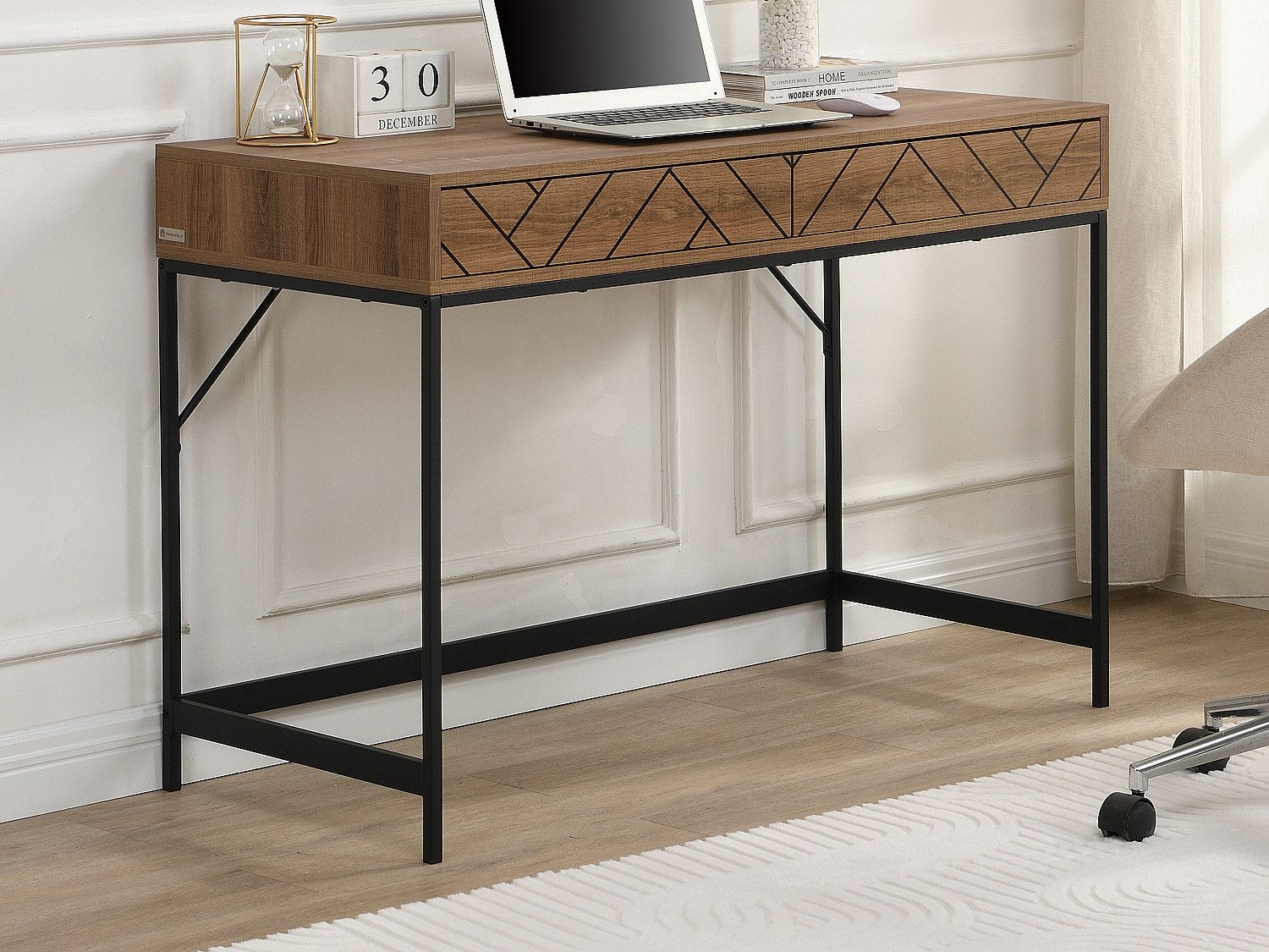 Konsola z 2 szufladami - MDF i stal - Naturalny i czarny - CARATANA