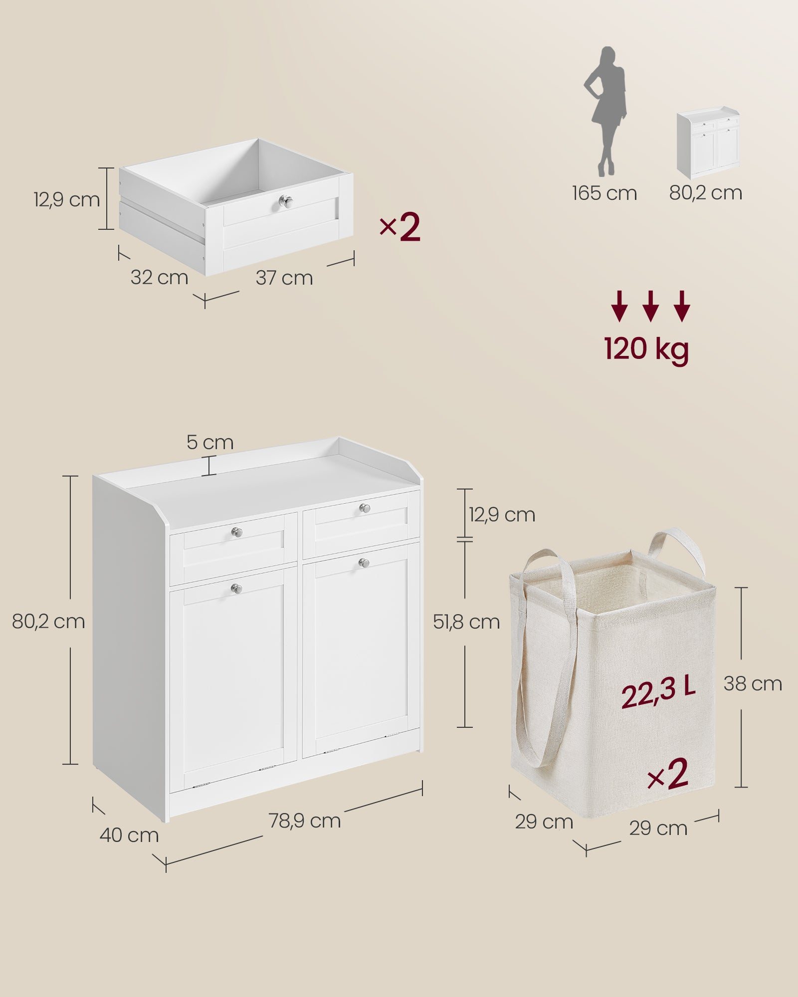 Meuble de Salle de Bain, Panier à Linge, avec Sac Intérieur Amovible avec Poignées, 2 Tiroirs et 2 Paniers à Linge, 40 x 78,9 x 80,2 cm, Blanc Nuage - 5