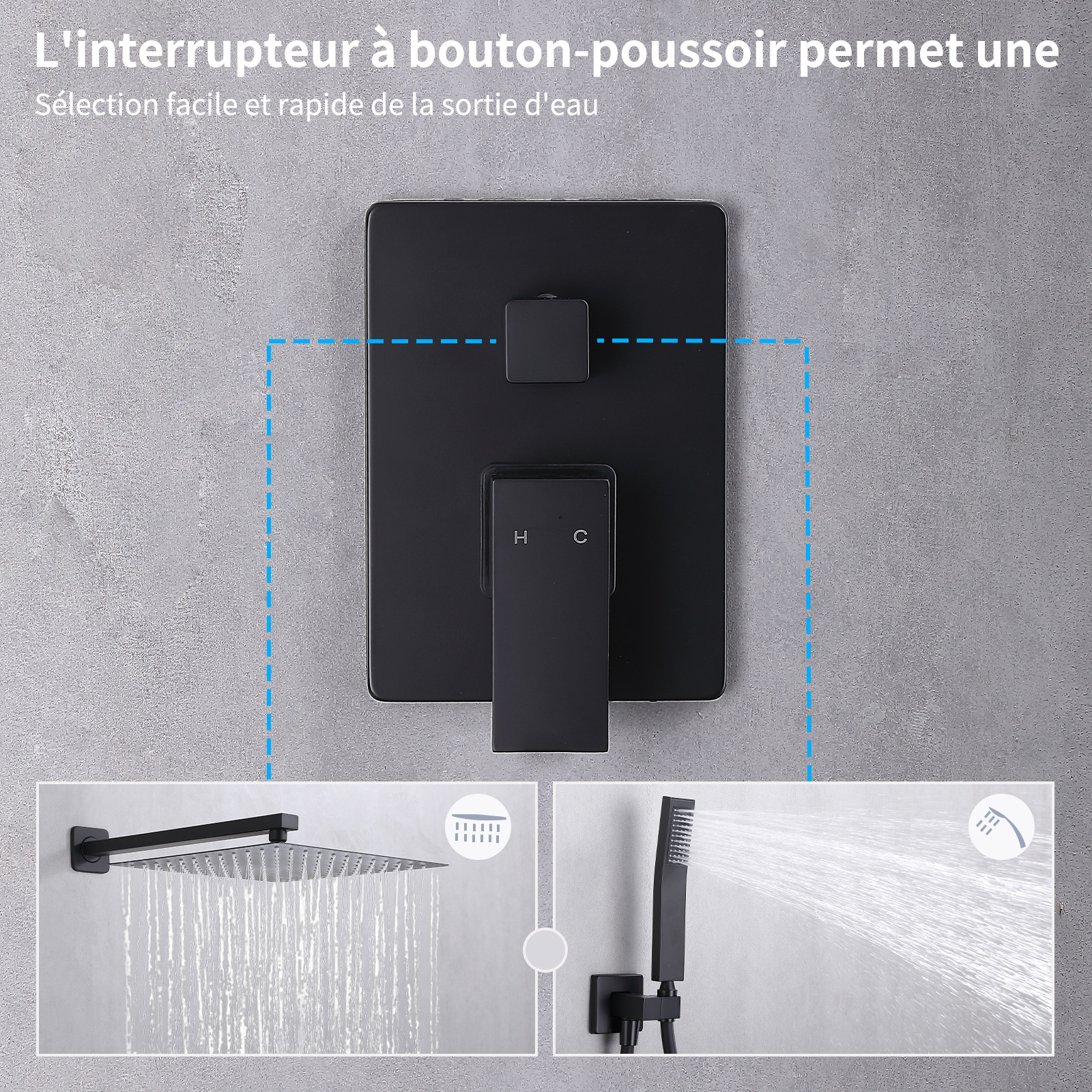 Colonne de Douche Encastrée Ensemble de Douche Mécanique avec Grande Tête de Douche Carrée 12