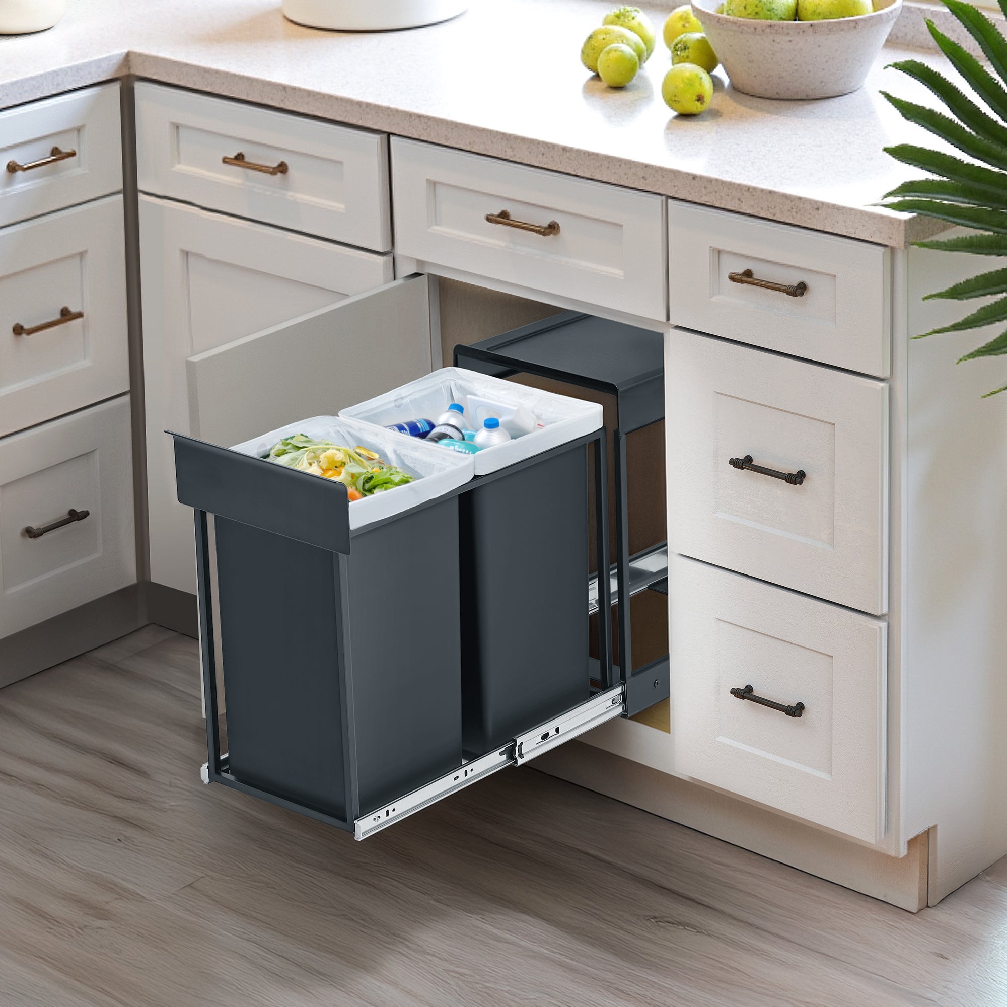 SONGMICS Poubelle de Cuisine Extractible, 2 x 15 L, en Acier, Couvercle en Plastique ABS, Gris - 2