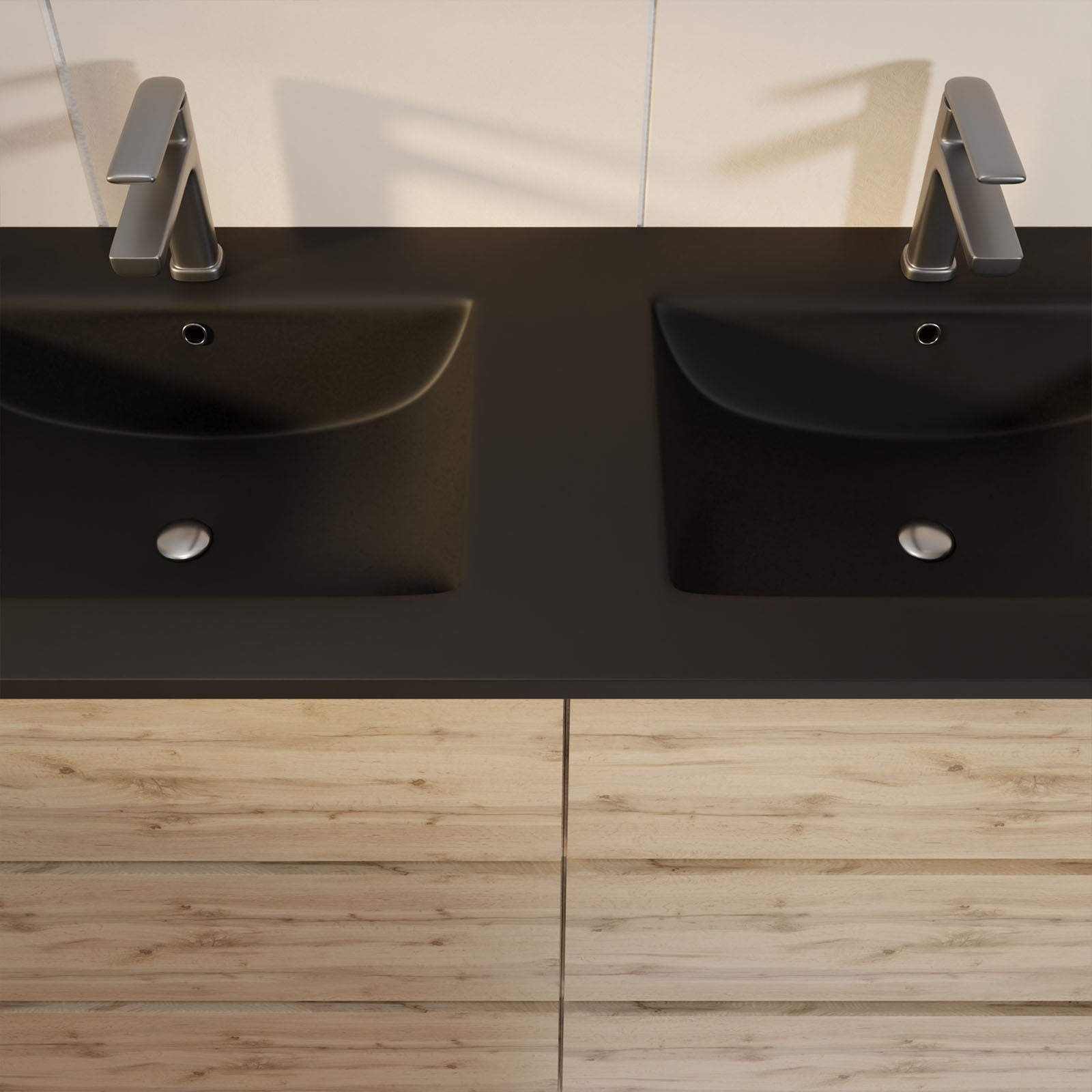 Meuble de salle de bains 120 cm 6 Tiroirs Chêne Naturel + Vasque Double Céramique Noire - TIMBER - 8