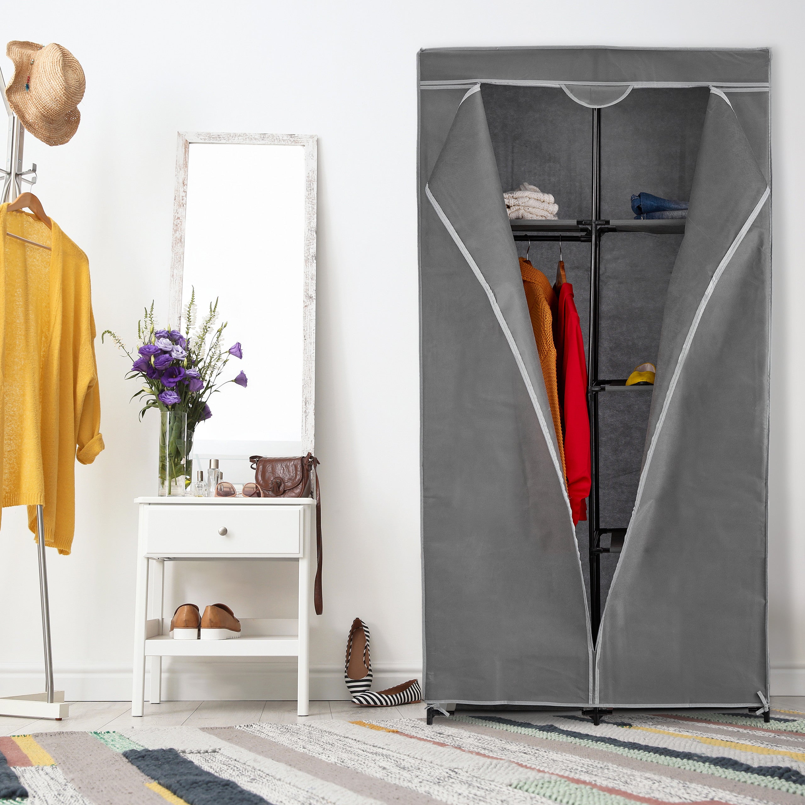 Relaxdays Armoire Penderie En Tissu Anthracite - Tringle à Vêtements + 6 Compartiments, 170x90x45 Cm, Armoire Pliante Solide Pour Chambre Et Camping