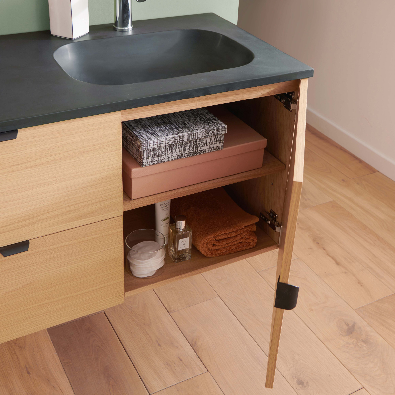 Meuble double vasque 140cm chêne STUDIO suspendu + miroir carré - 6