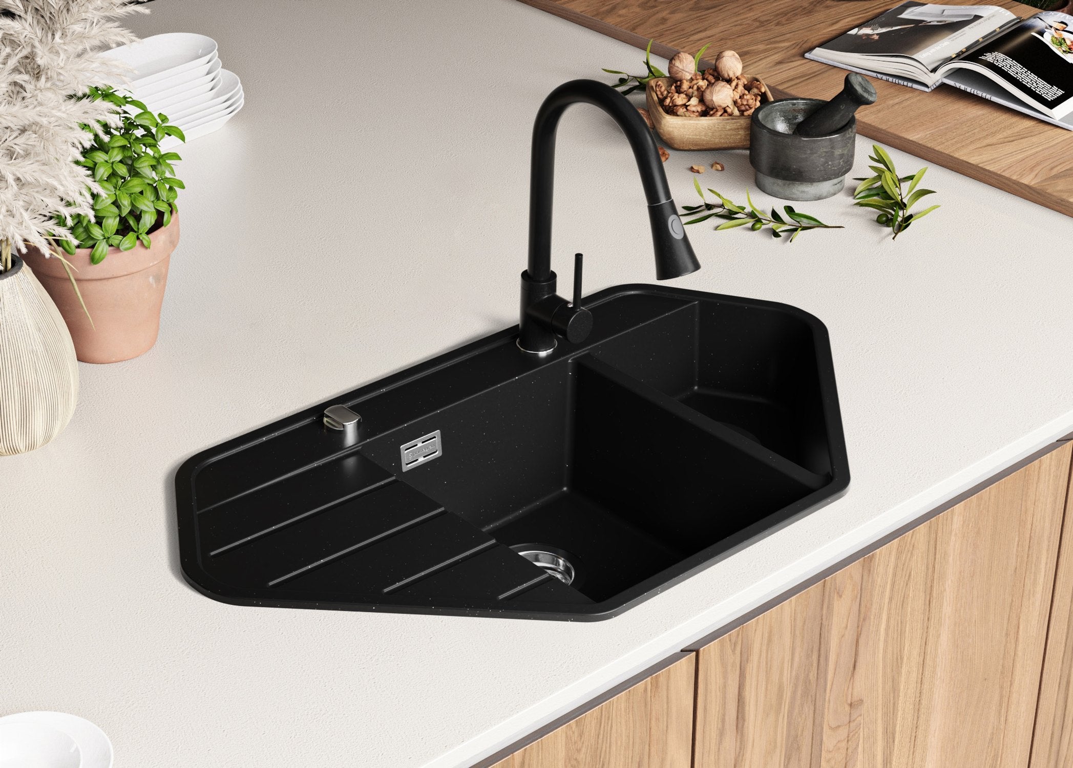 Evier d'angle en Granit Noir Métallisé 90x50cm, Lavabo Cuisine 1,5 bacs + Kit de Vidage + Accessoire, Évier à Encastrer au meuble 70cm PRIMAGRAN - 2