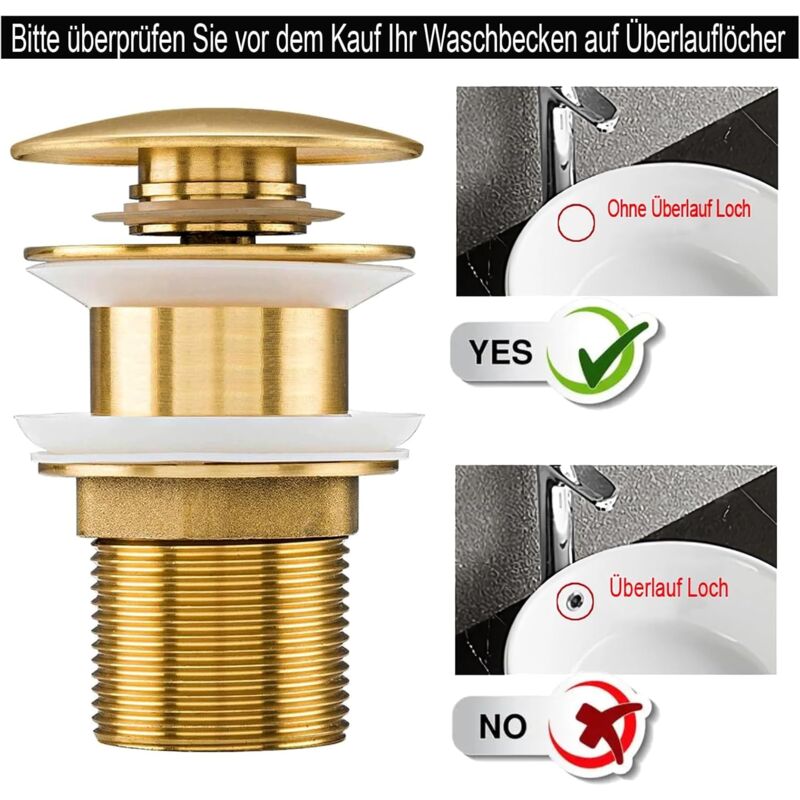 Bonde universelle pour lavabo et lavabo - Valve pop-up moderne Click Clack - Bonde d'écoulement avec trop-plein, laiton, acier inoxydable, doré - 3